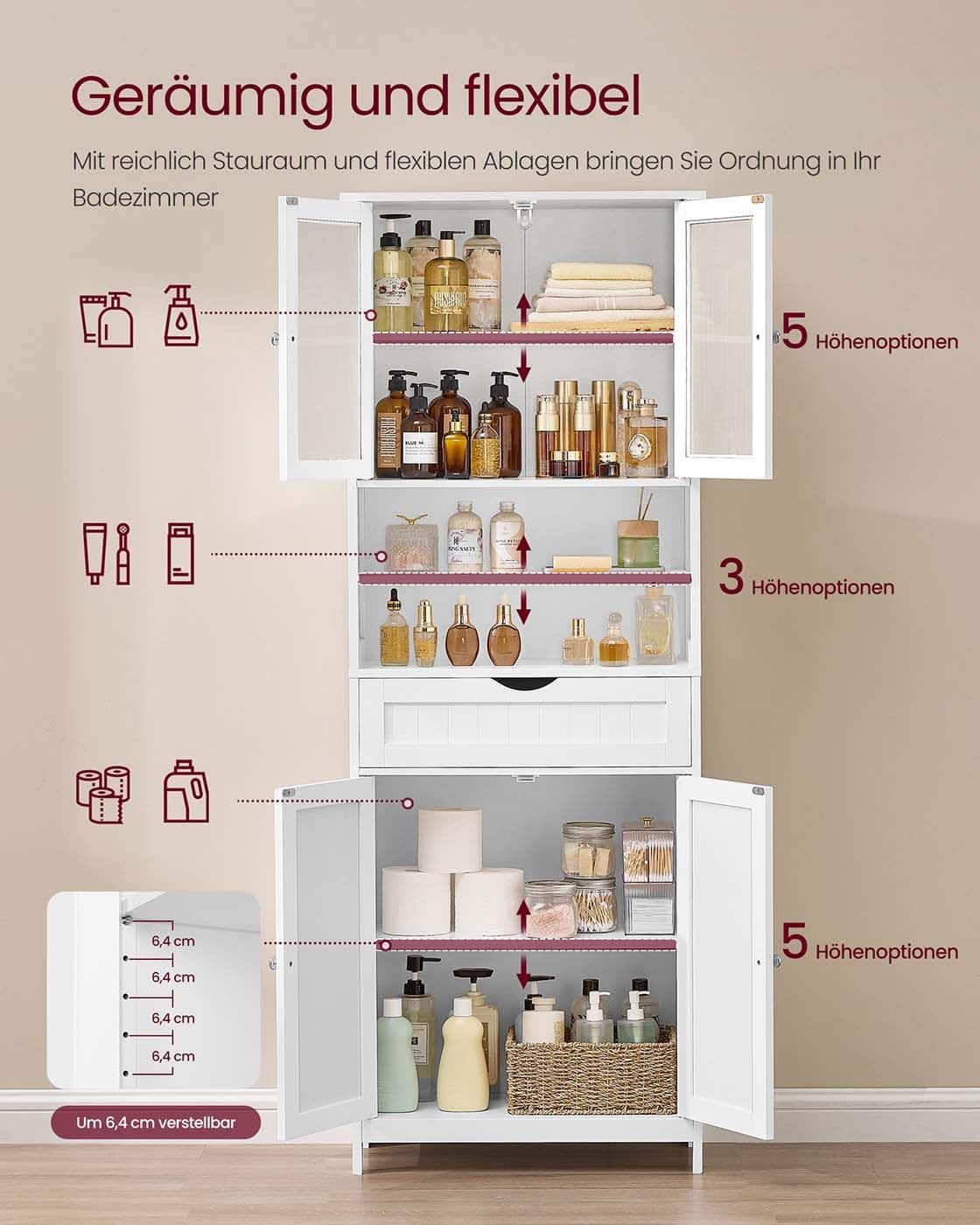 Badschrank mit Ablagen Schublade und offenen Fächern Badschrank mit Ablagen Schublade und offenen Fächern