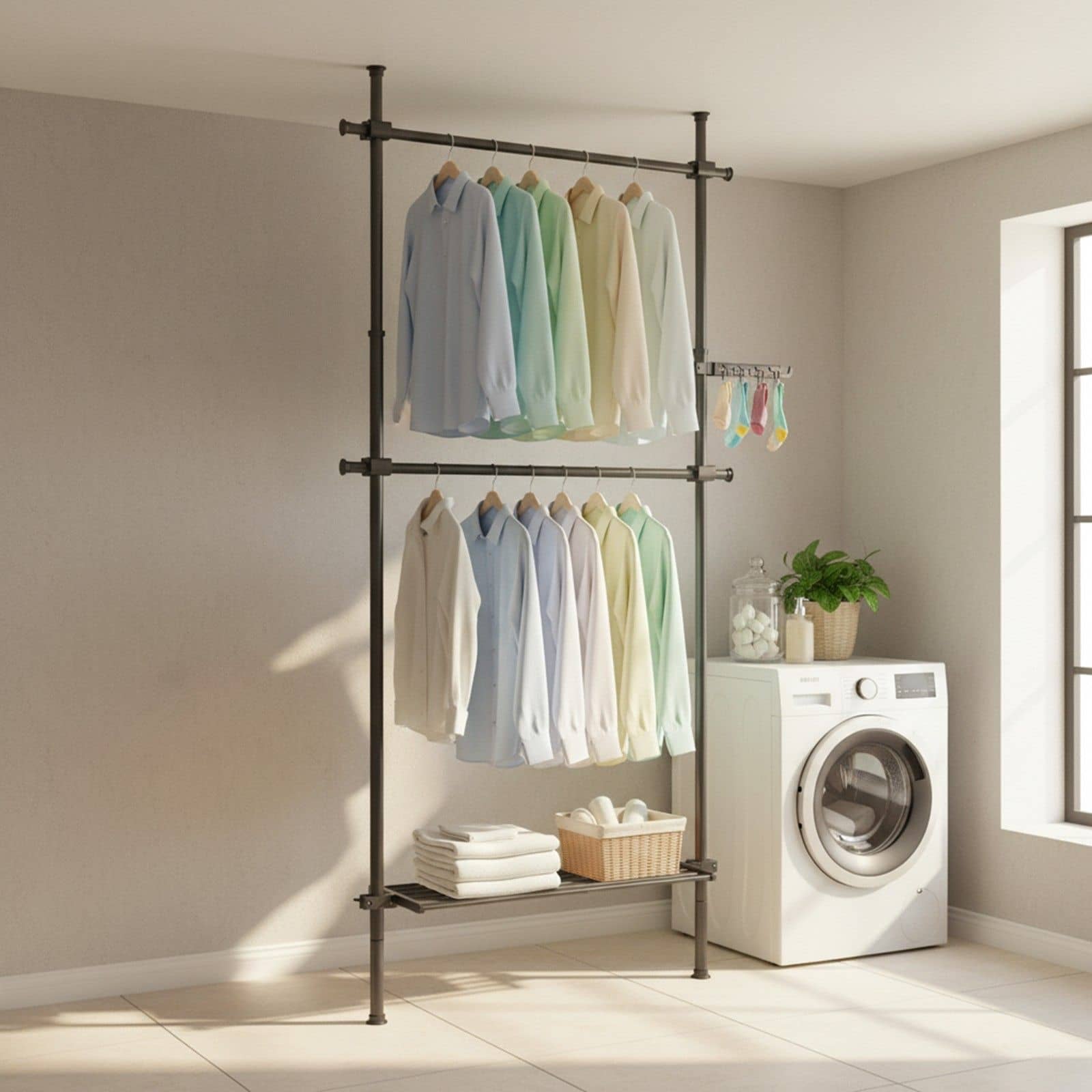 3-stufiger Kleiderständer, höhen- und breitenverstellbar, offene Garderobe mit 2 Kleiderstangen und 1 Ablage 3-stufiger Kleiderständer, höhen- und breitenverstellbar, offene Garderobe mit 2 Kleiderstangen und 1 Ablage