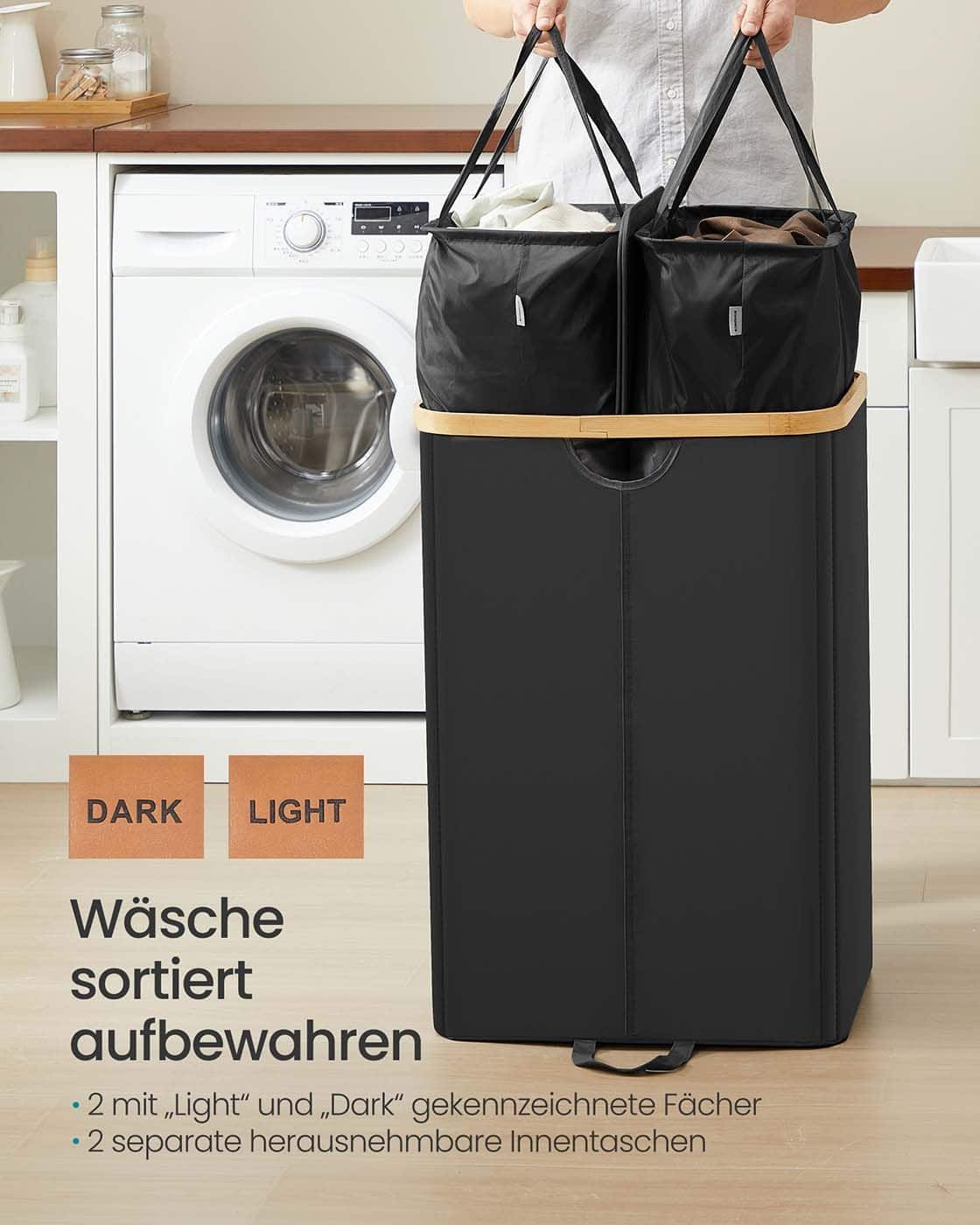 Wäschekorb mit zwei Fächern und Deckel Tintenschwarz und Naturbeige Wäschekorb mit zwei Fächern und Deckel Tintenschwarz und Naturbeige