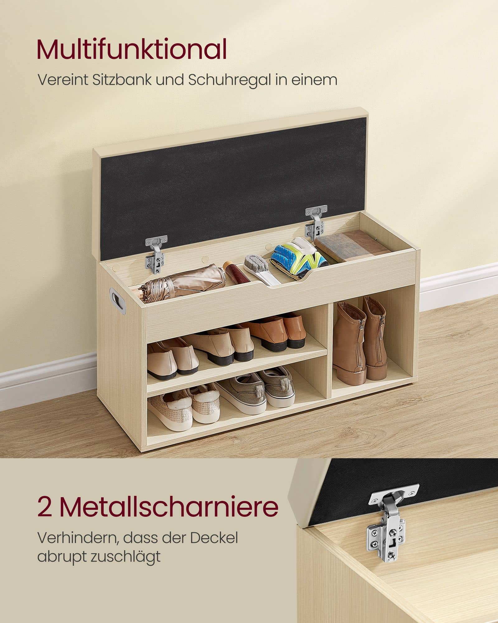 Schuhbank mit 3 offenen Fächern naturbeige Schuhbank mit 3 offenen Fächern naturbeige