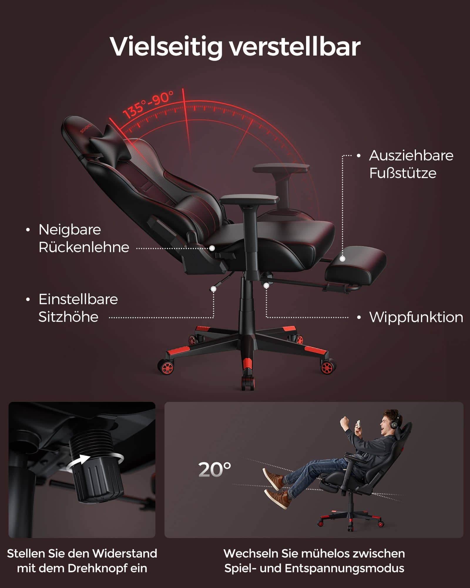Bürostuhl ergonomisch Armlehnen Kopfkissen schwarz-rot Bürostuhl ergonomisch Armlehnen Kopfkissen schwarz-rot