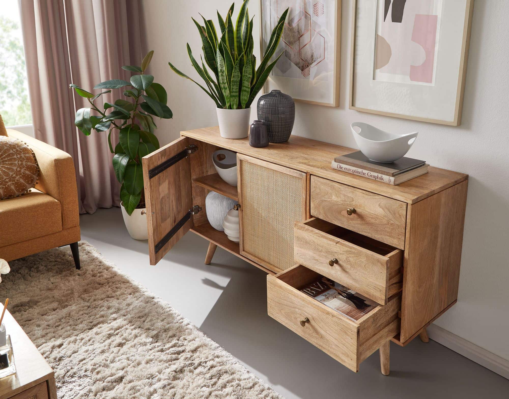 Design Sideboard 140x75x40 cm Mango Massivholz / Rattan Design Sideboard 140x75x40 cm Mango Massivholz / Rattan