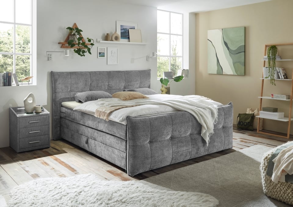 Boxspringbett Gallina 180x200 cm mit Bettkasten Farbe Grau Gel-Topper – Ed Exciting Design