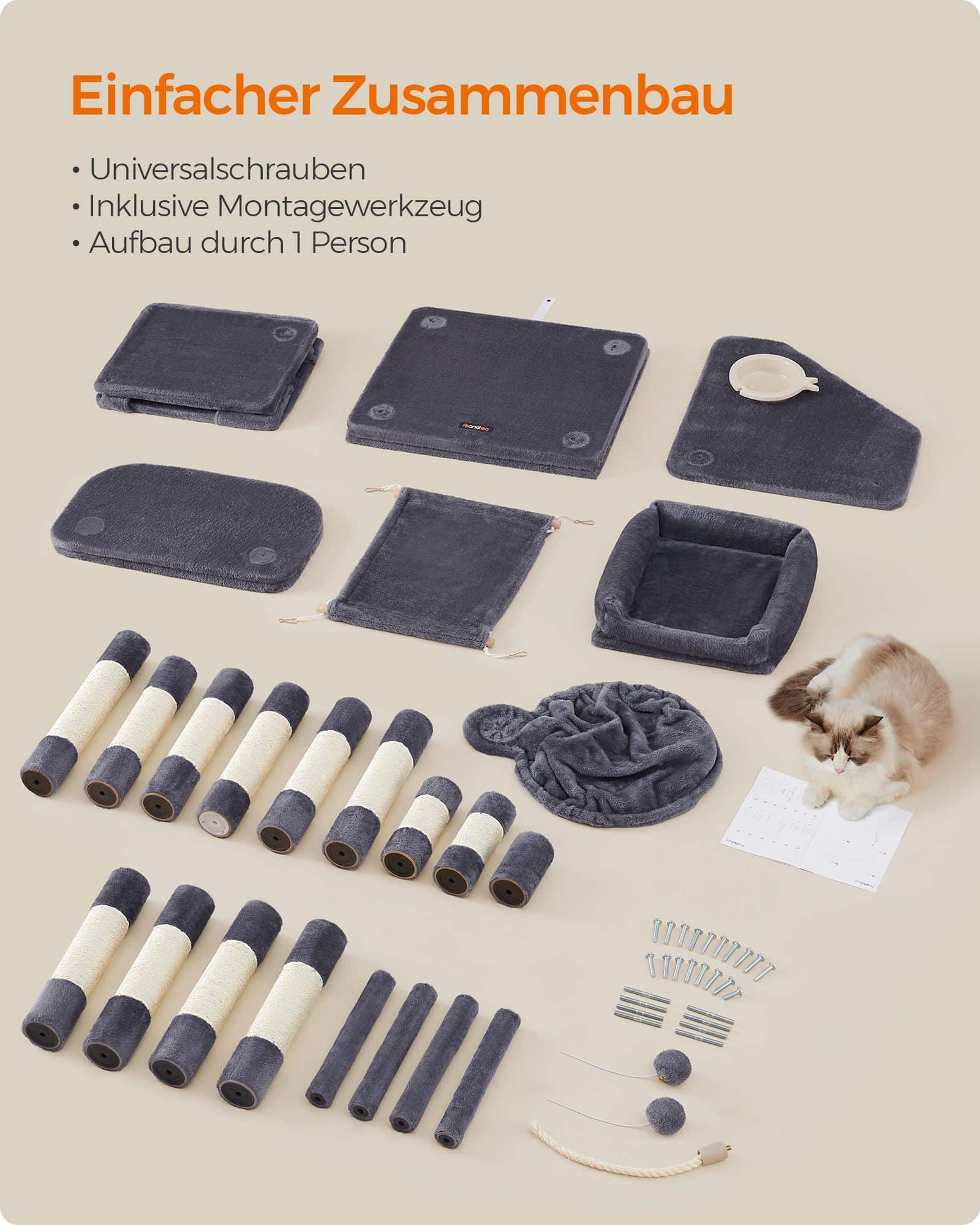 Kratzbaum mit Fressnapf 174 cm Grau-PCT99G Kratzbaum mit Fressnapf 174 cm Grau-PCT99G