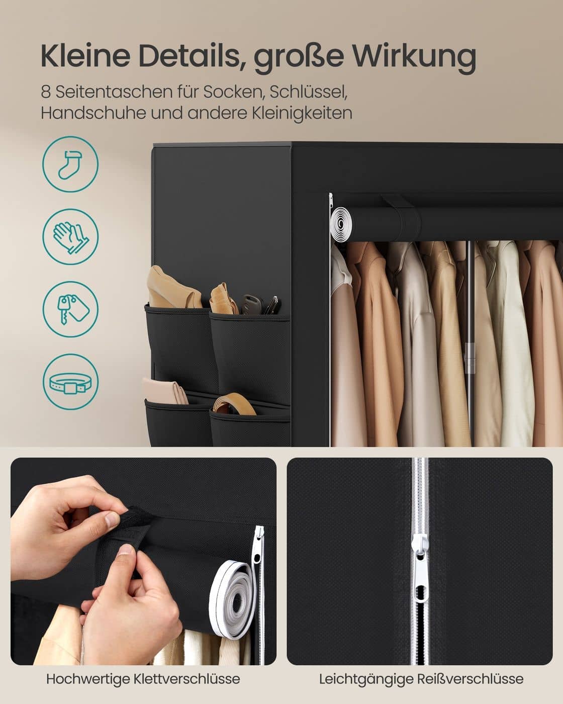 Stoffkleiderschrank mit Kleiderstange und praktischen Ablagen