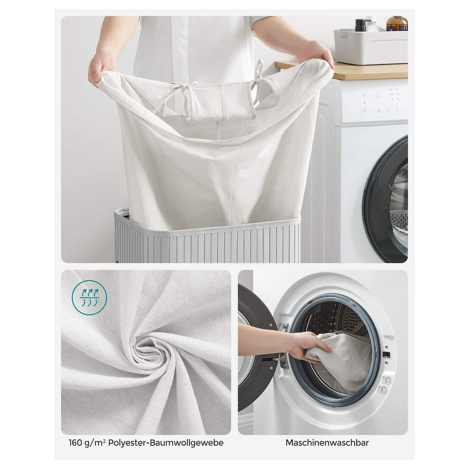 Wäschekorb mit Deckel, 72 L, Wäschesammler aus Bambus