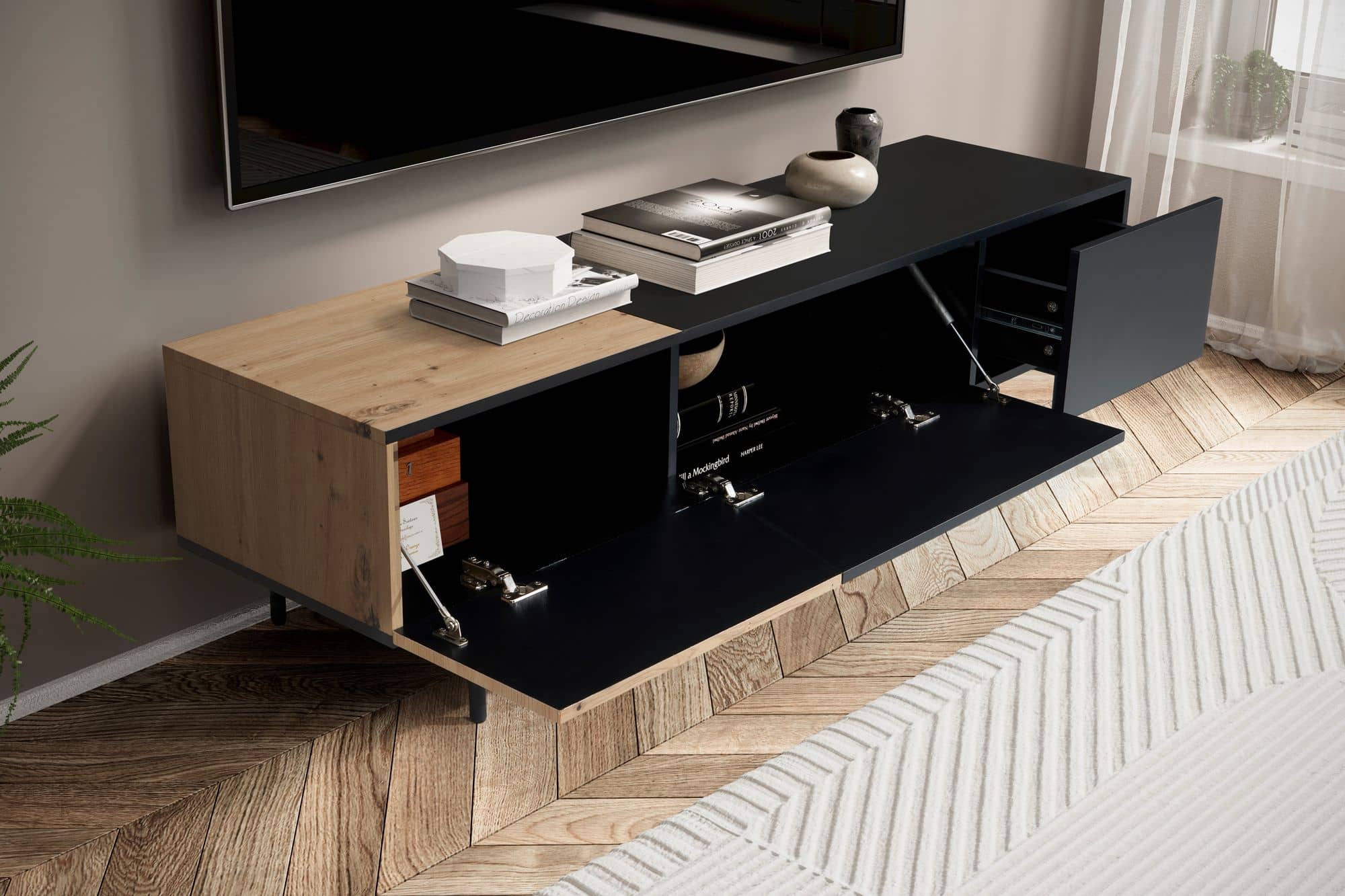 Lowboard Schwarz mit Eiche-Dekor 150x40x40 cm TV-Kommode Modern Lowboard Schwarz mit Eiche-Dekor 150x40x40 cm TV-Kommode Modern