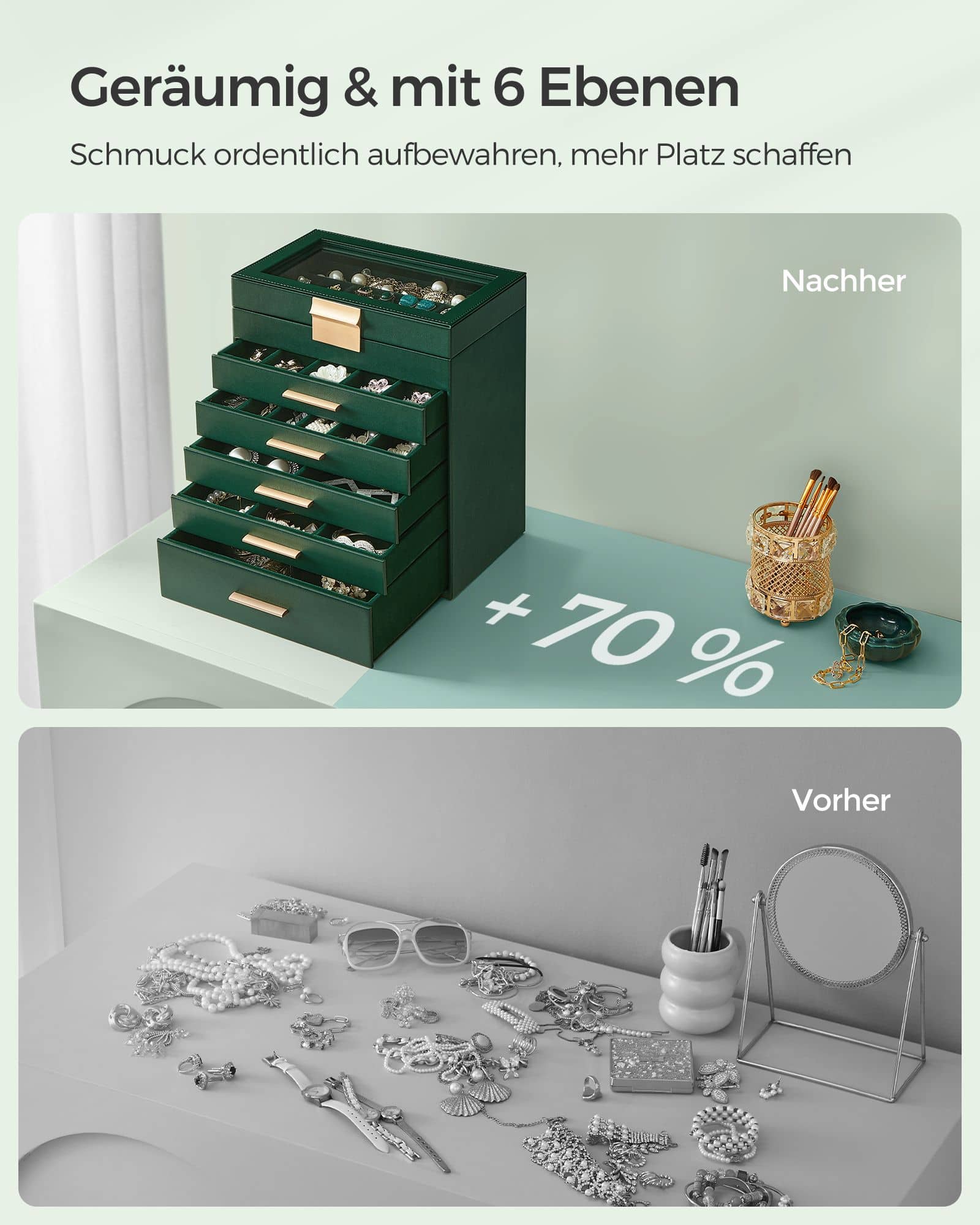 Schmuckkästchen 5 Schubladen modern waldgrün-golden Schmuckkästchen 5 Schubladen modern waldgrün-golden