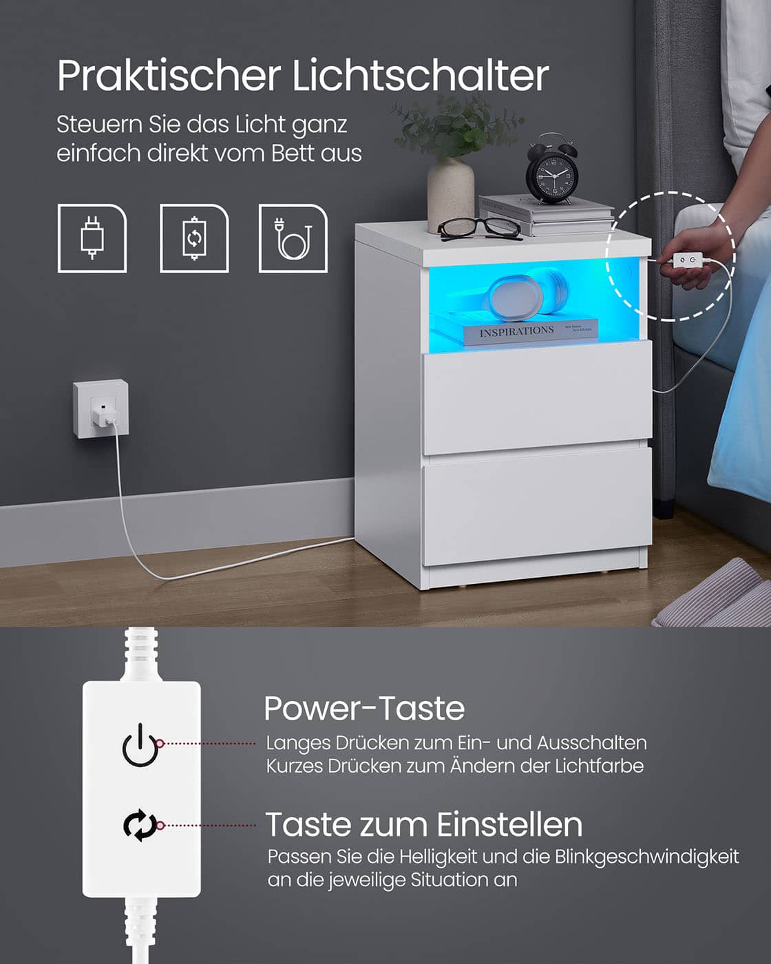 Nachttisch 2er Set mit verstellbarer LED-Beleuchtung wolkenweiß Nachttisch 2er Set mit verstellbarer LED-Beleuchtung wolkenweiß