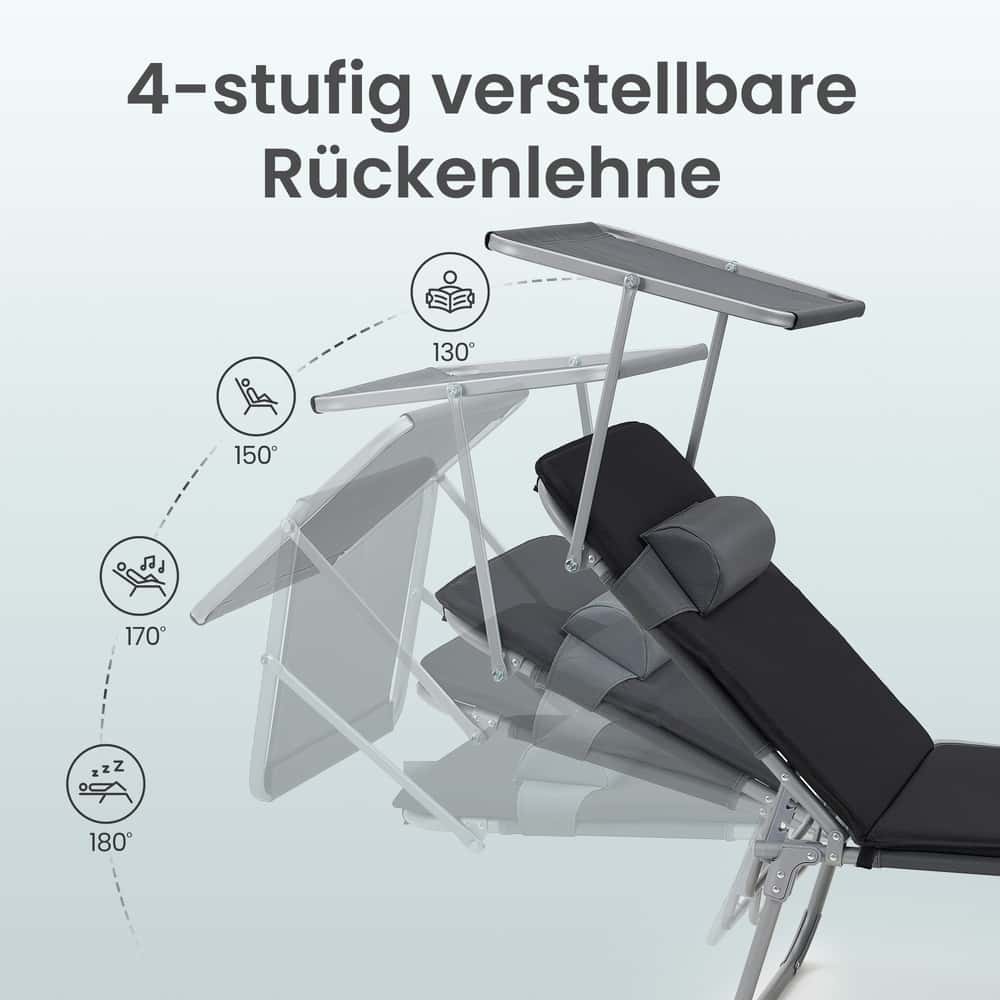 Liegestuhl klappbar, Sonnenliege mit verstellbarer Rückenlehne, Kissen