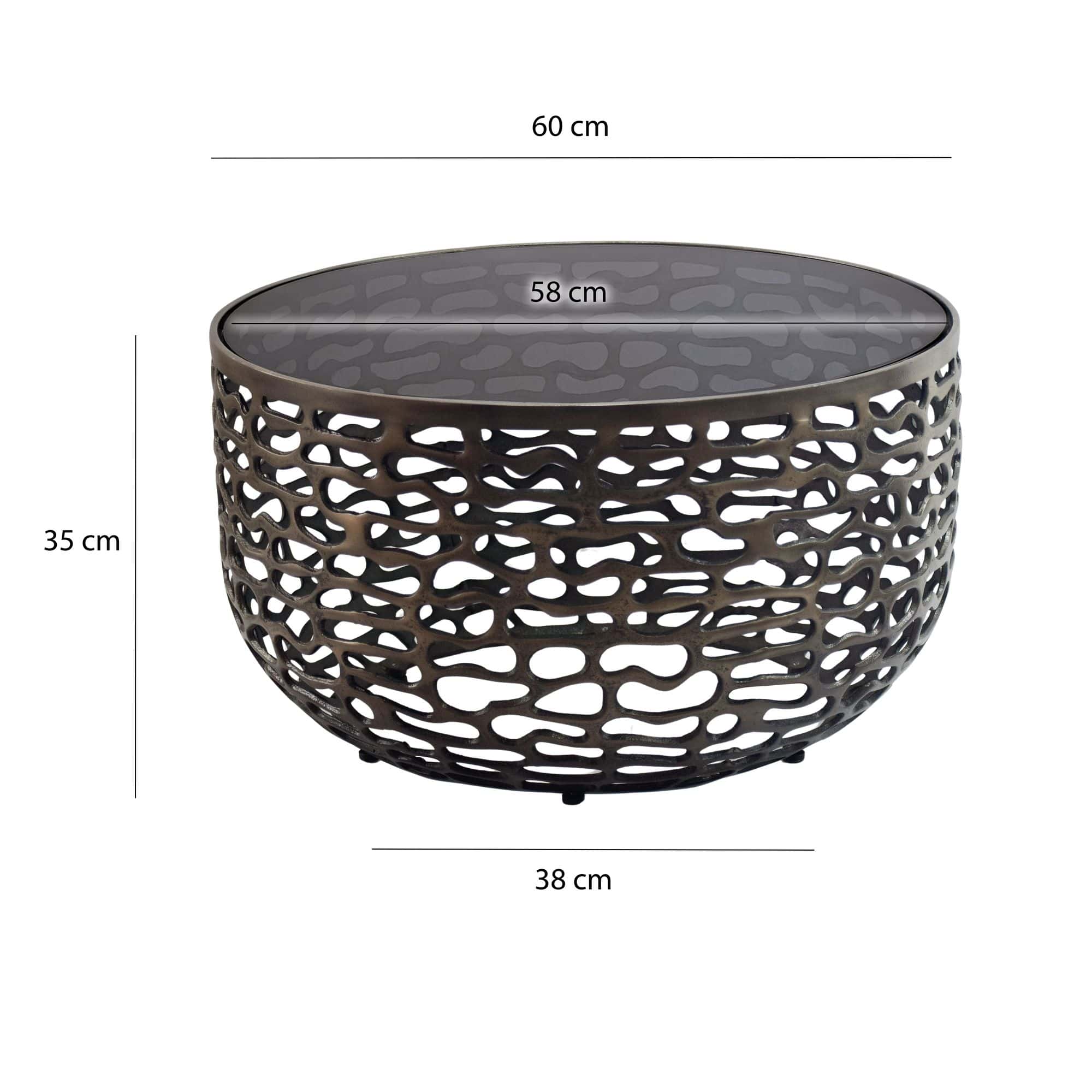 Couchtisch Aluminium Glas 60cm Schwarz - Runder Wohnzimmertisch Metall - Design Sofatisch - Moderner Loungetisch Gitteroptik - Beistelltisch Wohnzimmer Handmade