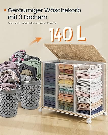 Wäschekorb 140 L mit 3 Fächern und Rollen naturbeige-mattweiß