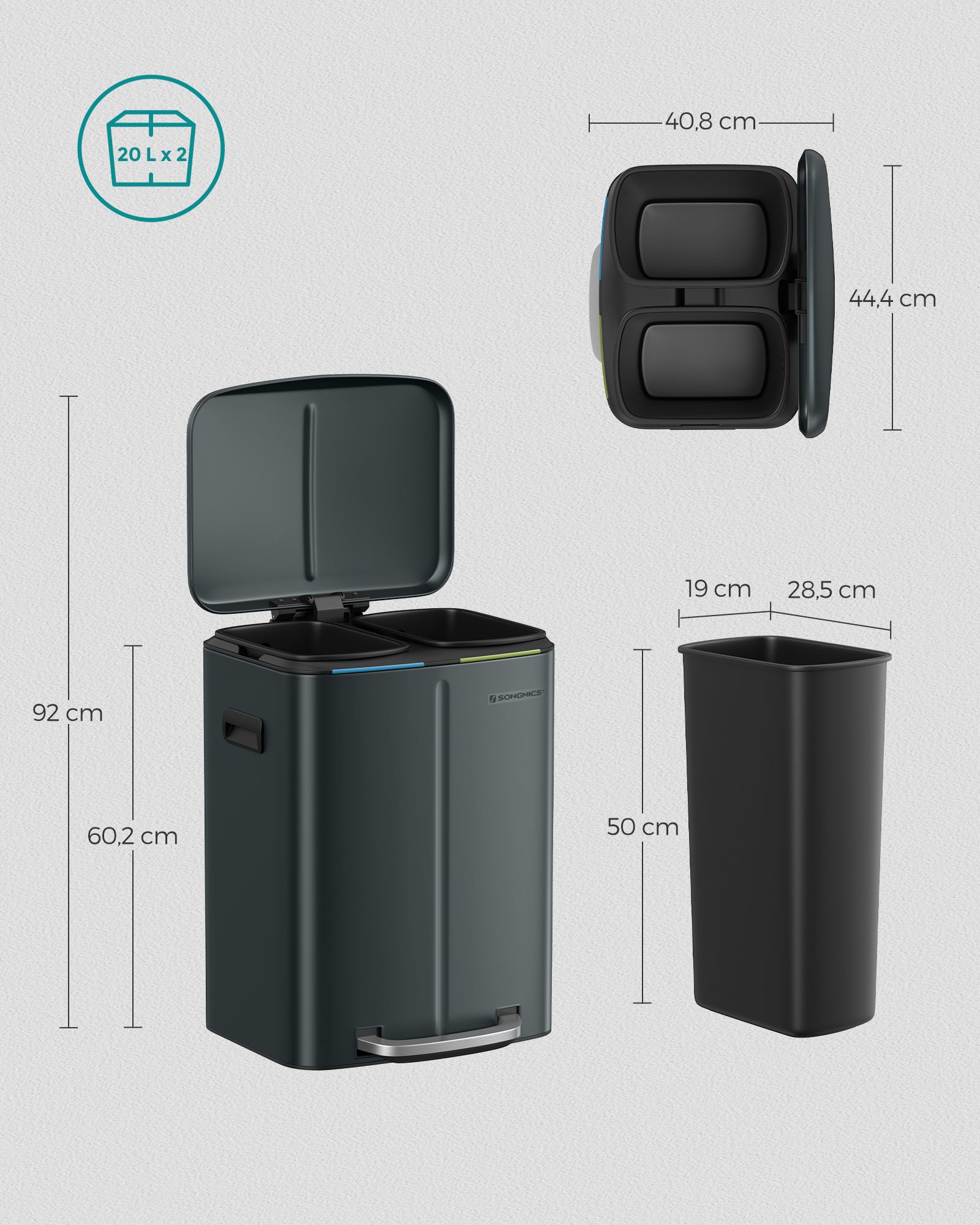 Mülleimer Küche 2 x 20 L mit Softclose-Deckel grüngrau-LTB40G02 Mülleimer Küche 2 x 20 L mit Softclose-Deckel grüngrau-LTB40G02