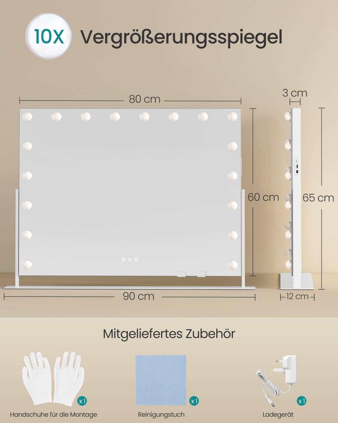 Schminkspiegel mit Beleuchtung und 18 LED-Glühbirnen mattweiß Schminkspiegel mit Beleuchtung und 18 LED-Glühbirnen mattweiß