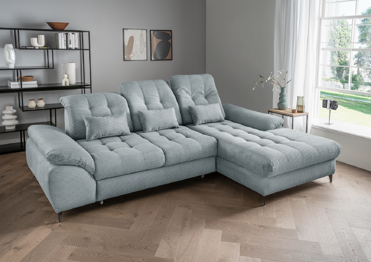 Das Ecksofa Modell Delphino in Cord  – Schlaffunktion und Bettkasten inklusive