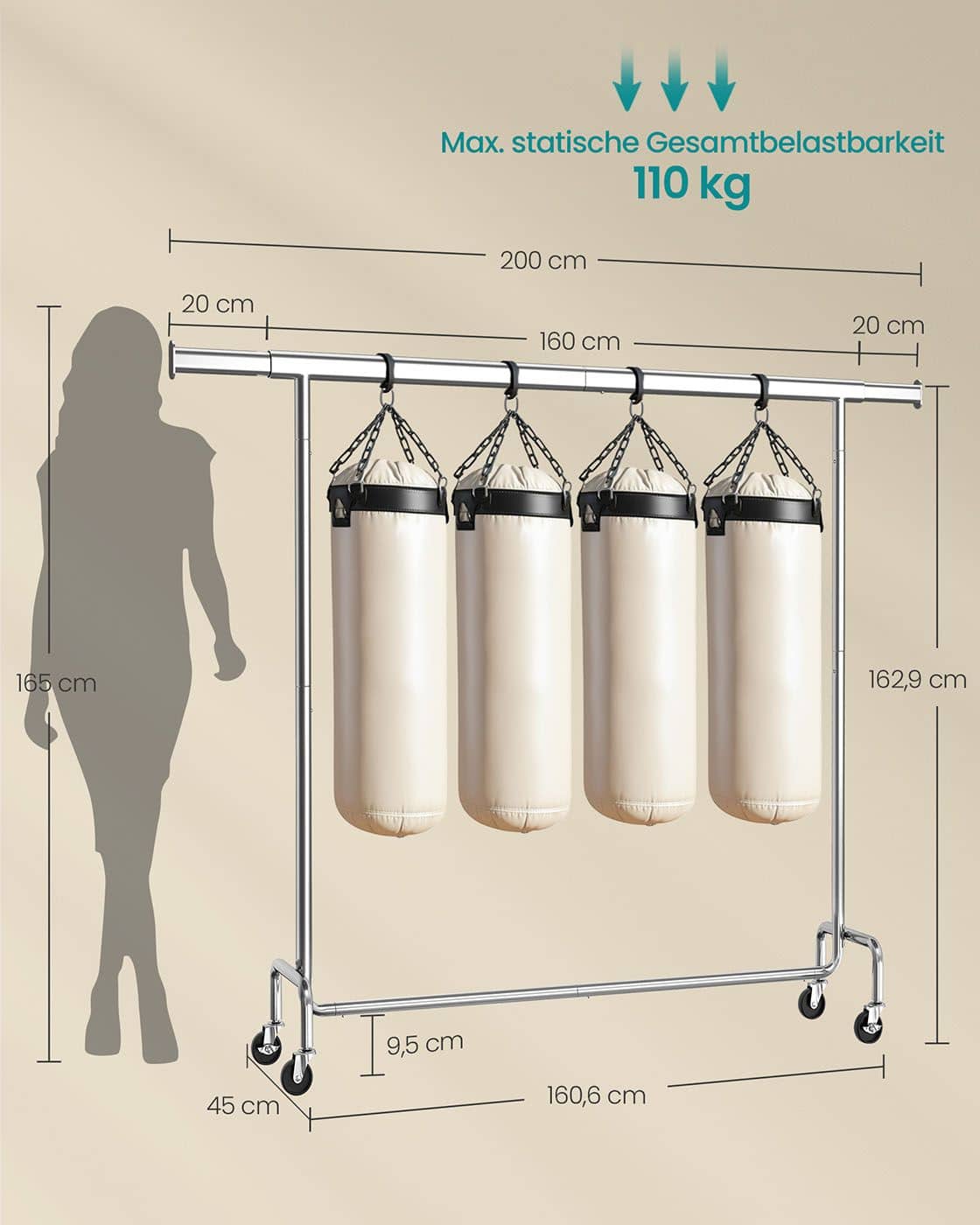 Kleiderständer auf Rollen 45 x (160-200) x 162,9 cm silbern Kleiderständer auf Rollen 45 x (160-200) x 162,9 cm silbern