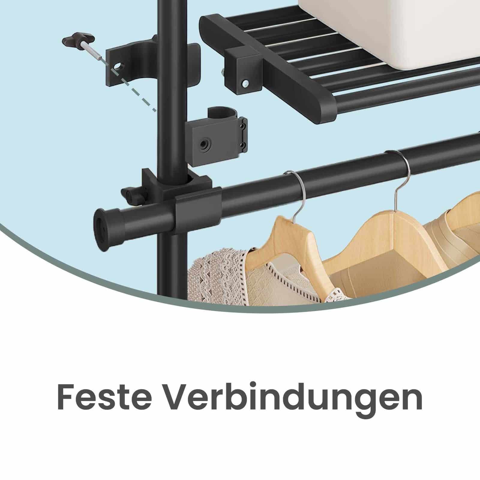 3-stufiger Kleiderständer, höhen- und breitenverstellbar, offene Garderobe mit 2 Kleiderstangen und 1 Ablage 3-stufiger Kleiderständer, höhen- und breitenverstellbar, offene Garderobe mit 2 Kleiderstangen und 1 Ablage