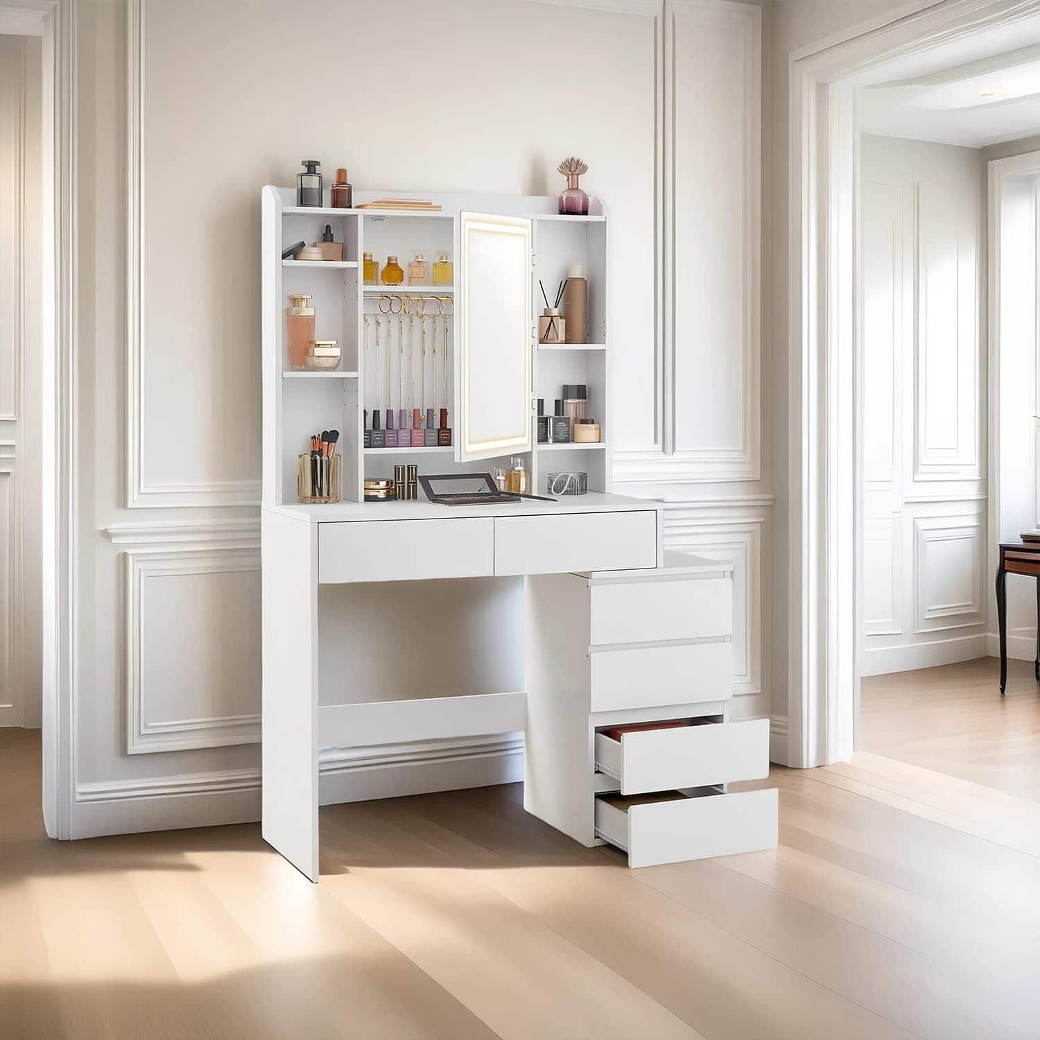 Schminktisch mit LED-Beleuchtung, einstellbare Lichtfarben und Helligkeit, Frisiertisch mit Spiegel Schminktisch mit LED-Beleuchtung, einstellbare Lichtfarben und Helligkeit, Frisiertisch mit Spiegel