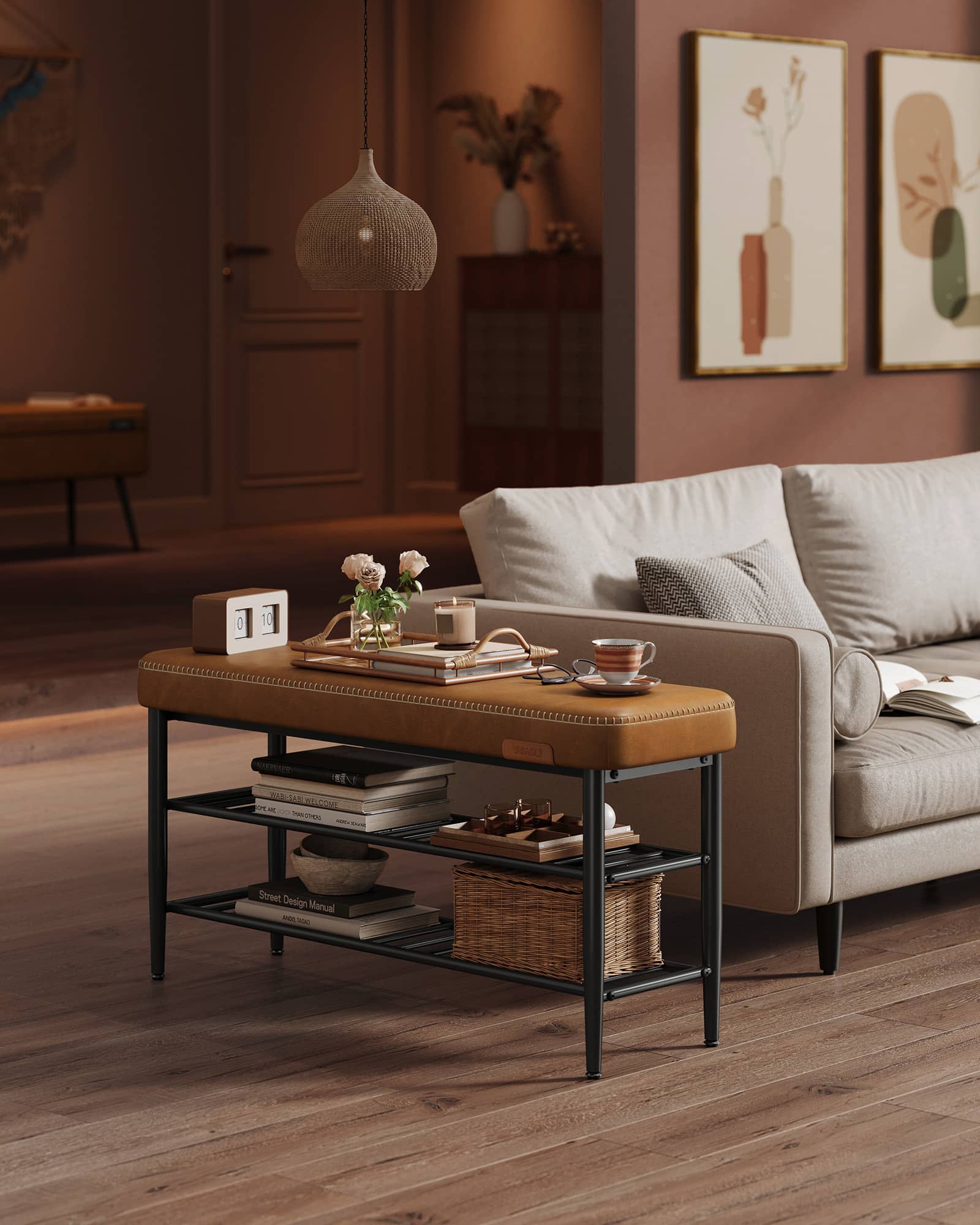 EKHO Kollektion Schuhbank mit Nähten 30 x 100 x 50 cm karamellbraun EKHO Kollektion Schuhbank mit Nähten 30 x 100 x 50 cm karamellbraun