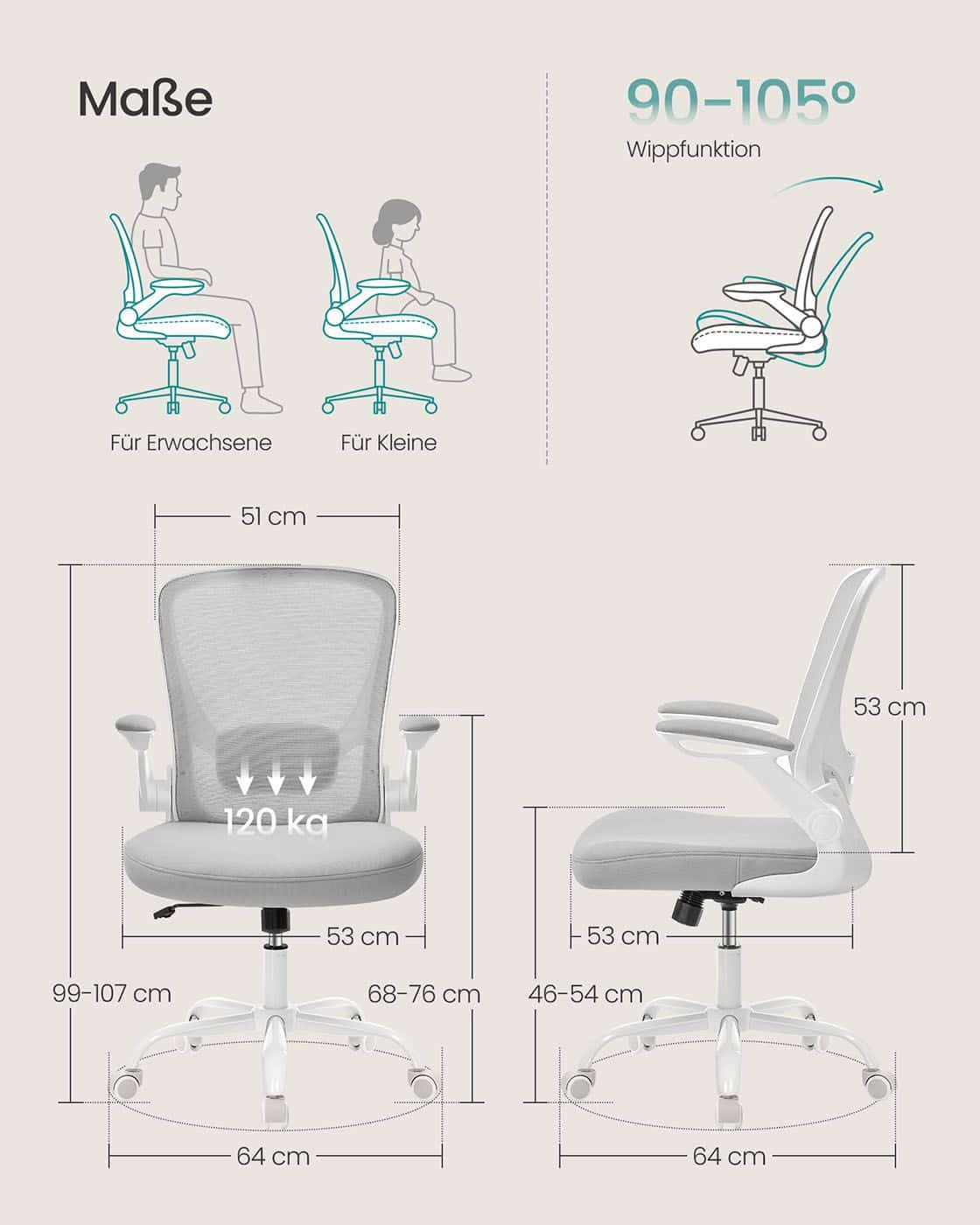 Bürostuhl ergonomisch mit Mesh und 53 cm großer Sitzfläche hellgrau Bürostuhl ergonomisch mit Mesh und 53 cm großer Sitzfläche hellgrau