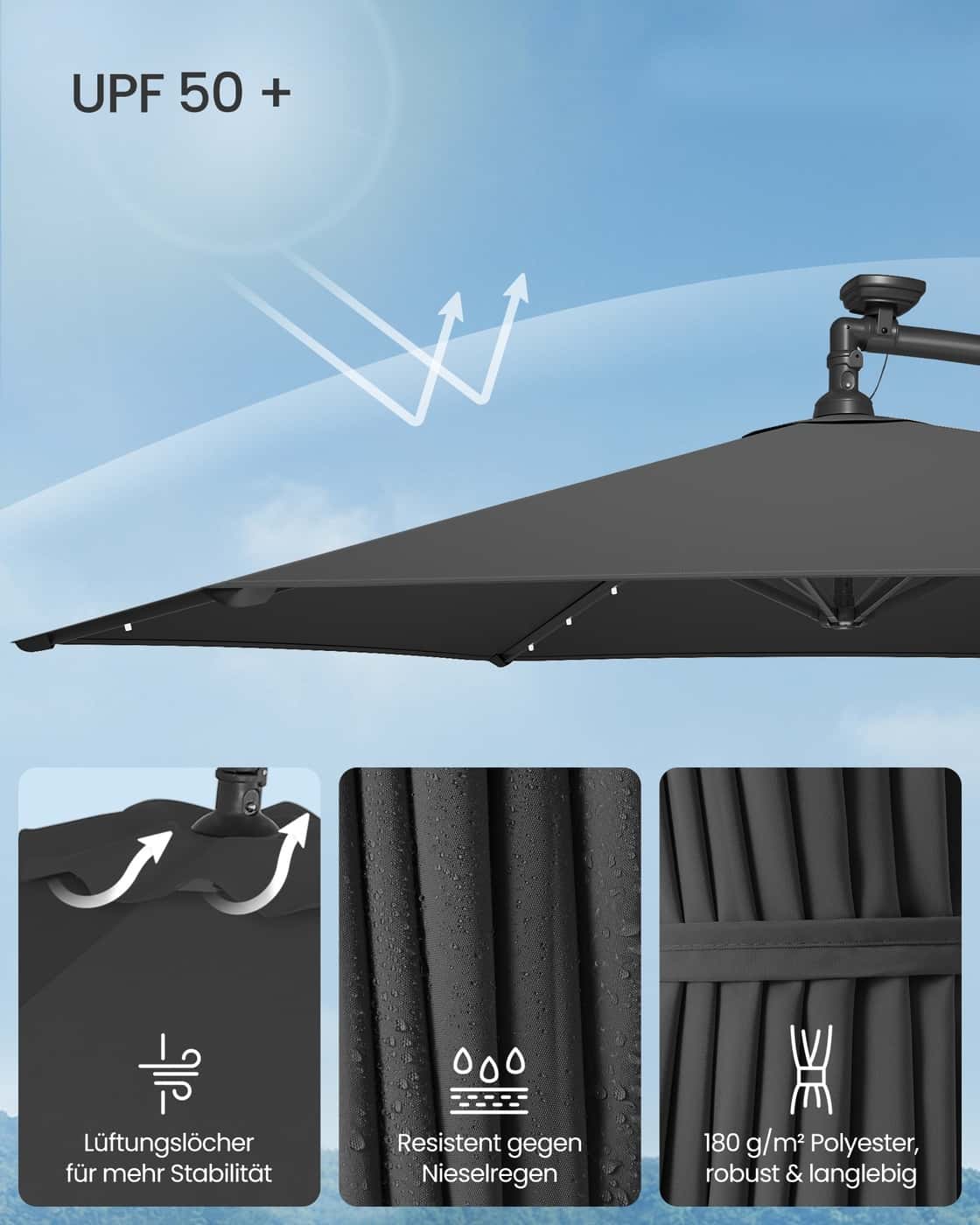 Sonnenschirm mit LED-Solar-Beleuchtung und Ständer Sonnenschirm mit LED-Solar-Beleuchtung und Ständer