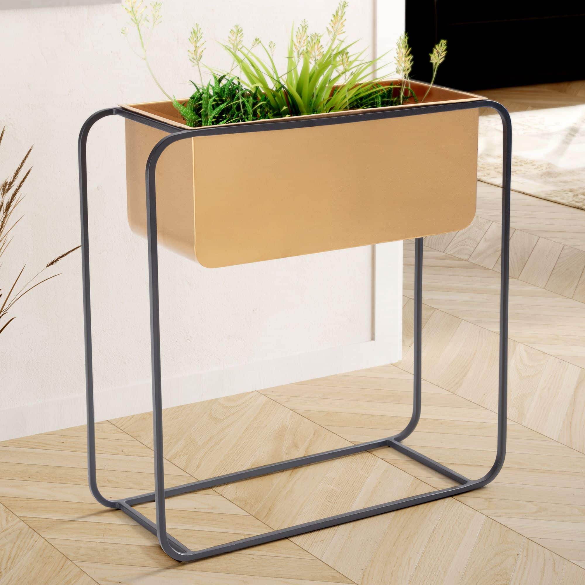 Pflanzgefäß Metall 60x60x24 cm Pflanzkübel Gold / Schwarz mit Gestell Pflanzgefäß Metall 60x60x24 cm Pflanzkübel Gold / Schwarz mit Gestell