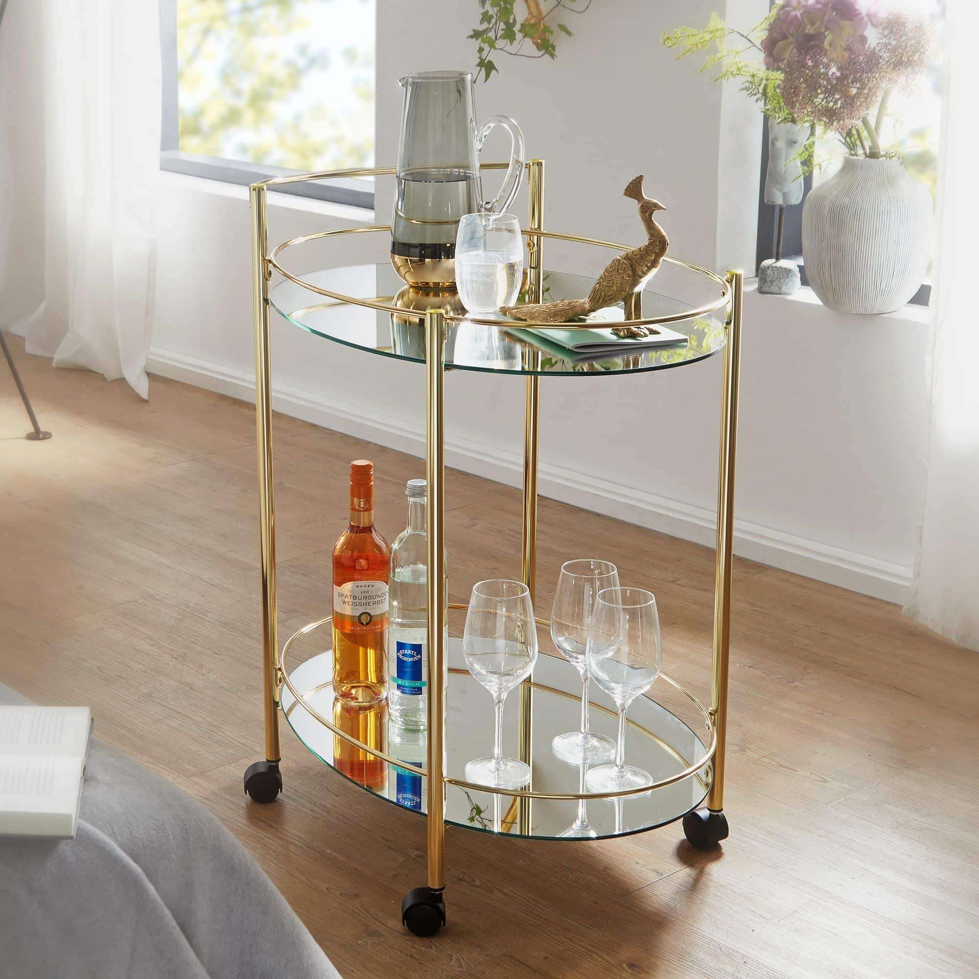 52228-WOHNLING-Design-Servierwagen-WL6-007-Gold-Teewagen-cm-Kuechenwagen-Metall-mit-Rollen-Rollwagen-mit-2-Etagen-Barwagen-rund-75-cm-hoch-Kuechentrolley-mit-Glasplatten-mod_1 Design Servierwagen Gold 67x79 cm Mobile Mini Bar
