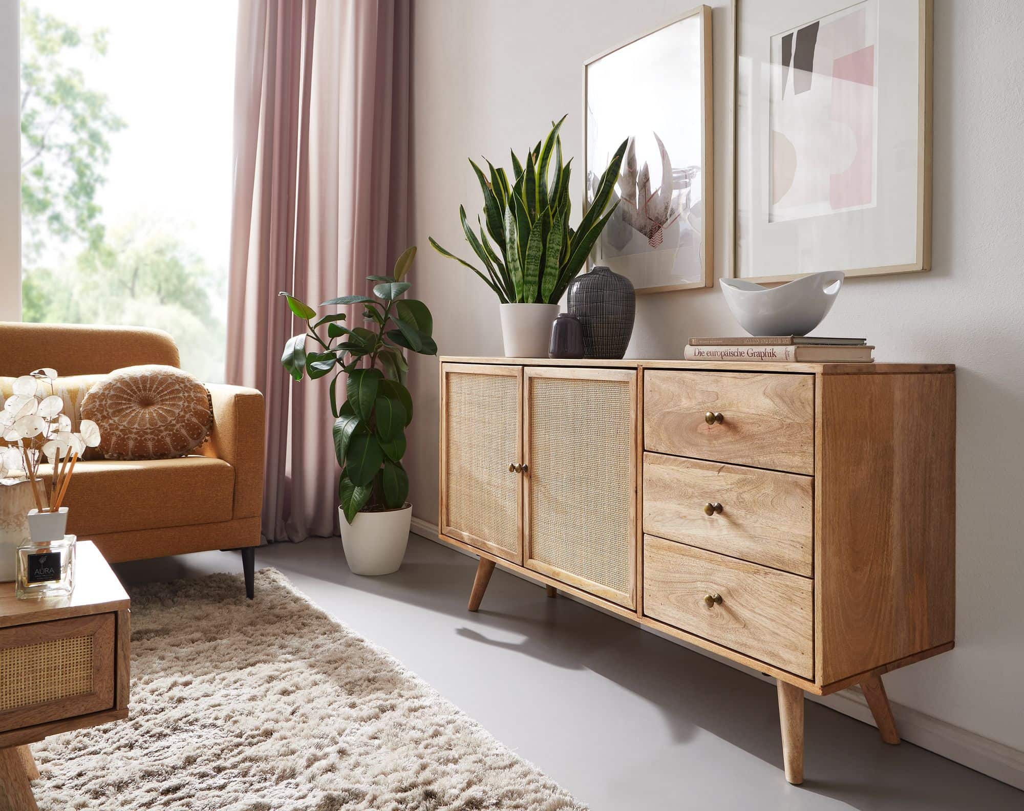 Design Sideboard 140x75x40 cm Mango Massivholz / Rattan