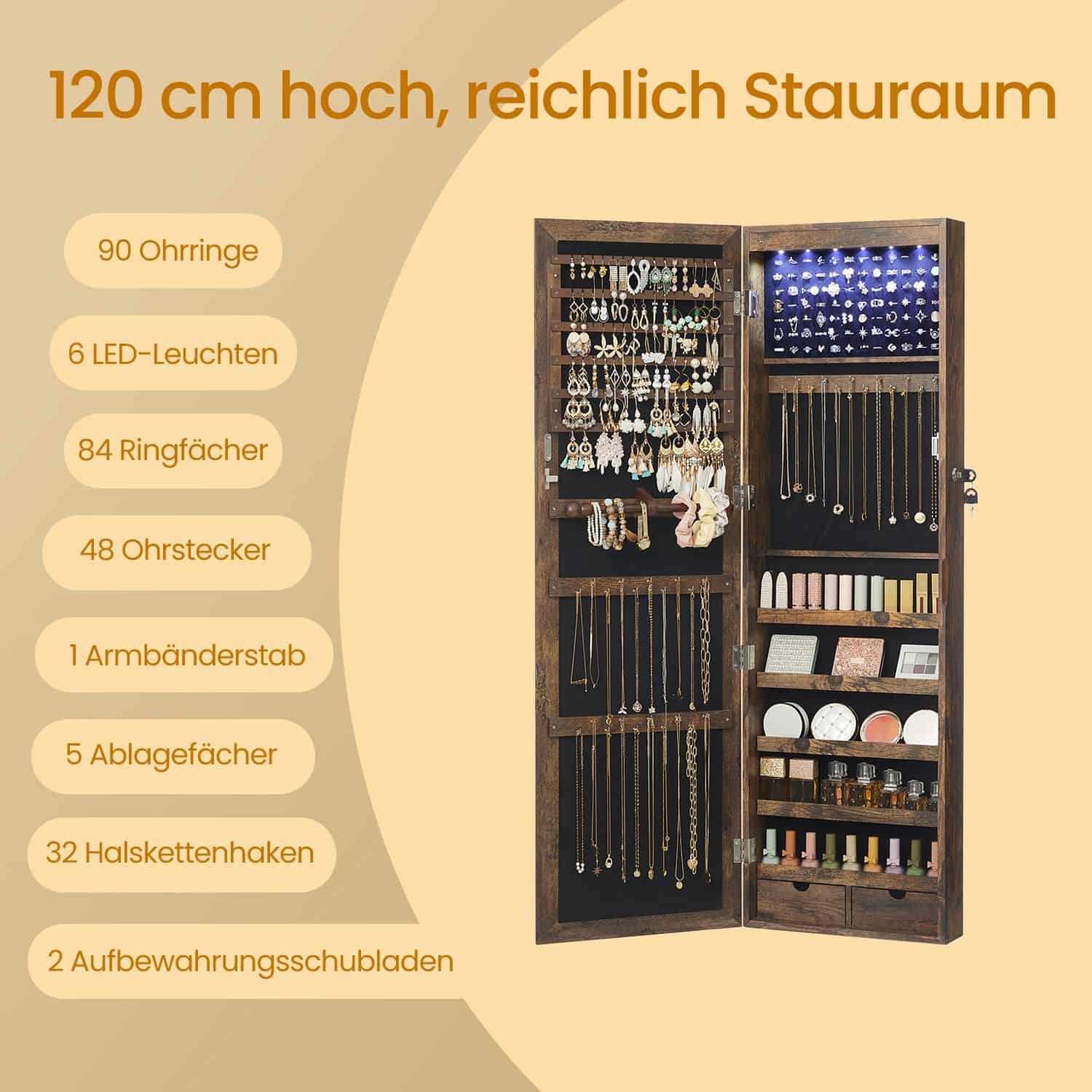 Schmuckschrank hängend, Wandspiegel, 6 LED-Glühbirnen Schmuckschrank hängend, Wandspiegel, 6 LED-Glühbirnen