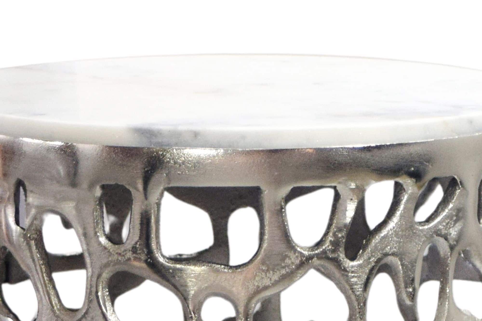 Beistelltisch Aluminium silber rund 30cm – Anstelltisch mit Marmor Tischplatte – Design Metall Couchtisch für Wohnzimmer – runder Wohnzimmertisch modern – Dekotisch Handmade Sofatisch