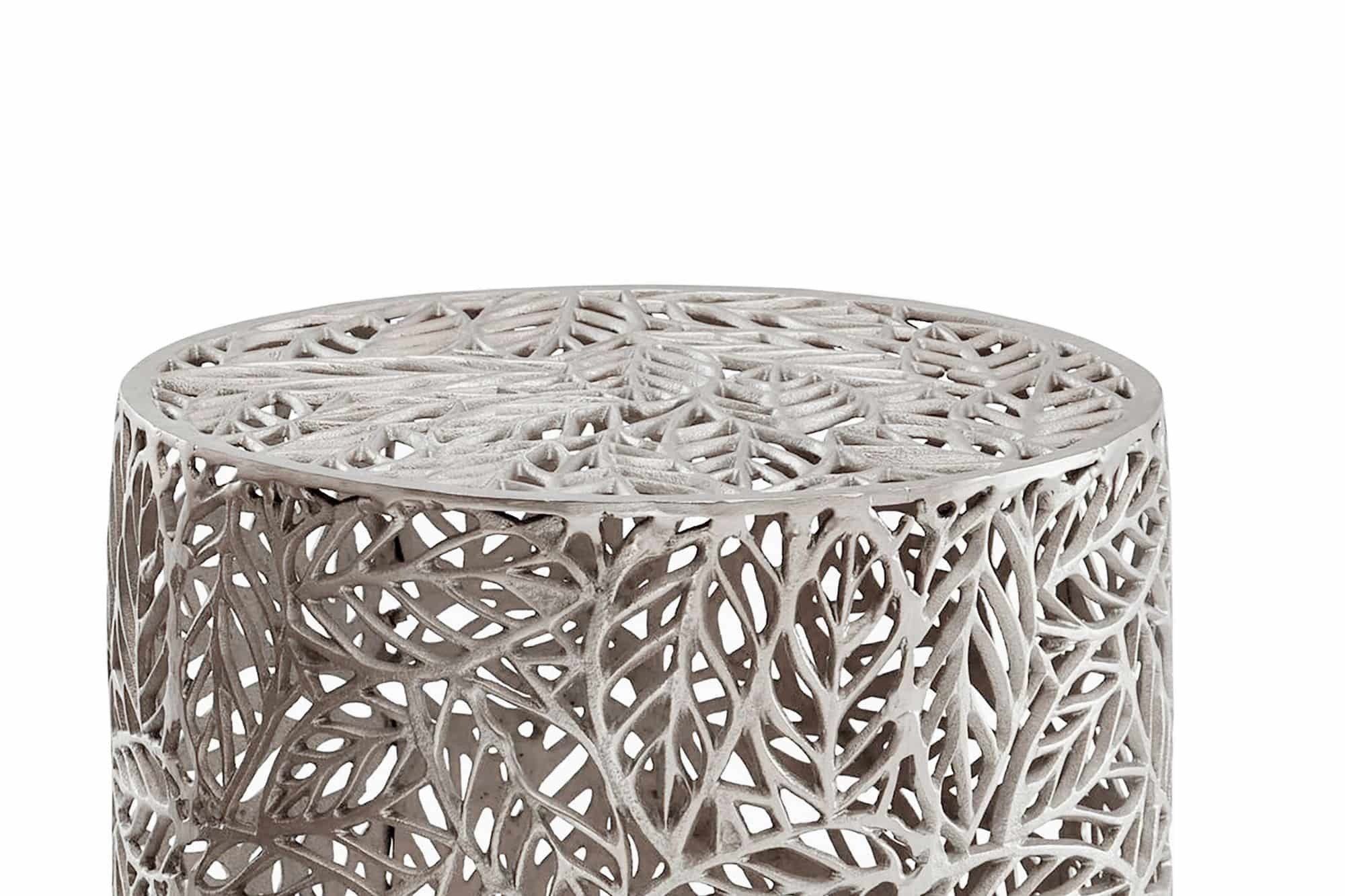 Satztisch Aluminium 2er Set rund silber - Beistelltisch mit Blattmuster - Dekotisch Couchtisch Alu Design - Metalltisch modern - Wohnzimmertisch Set Handmade