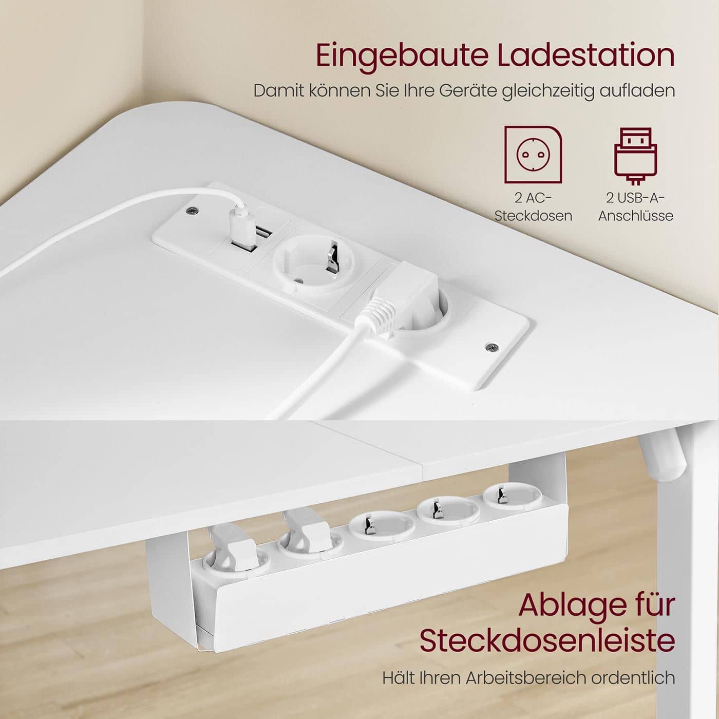Elektrisch höhenverstellbarer Eckschreibtisch mit Ladestation