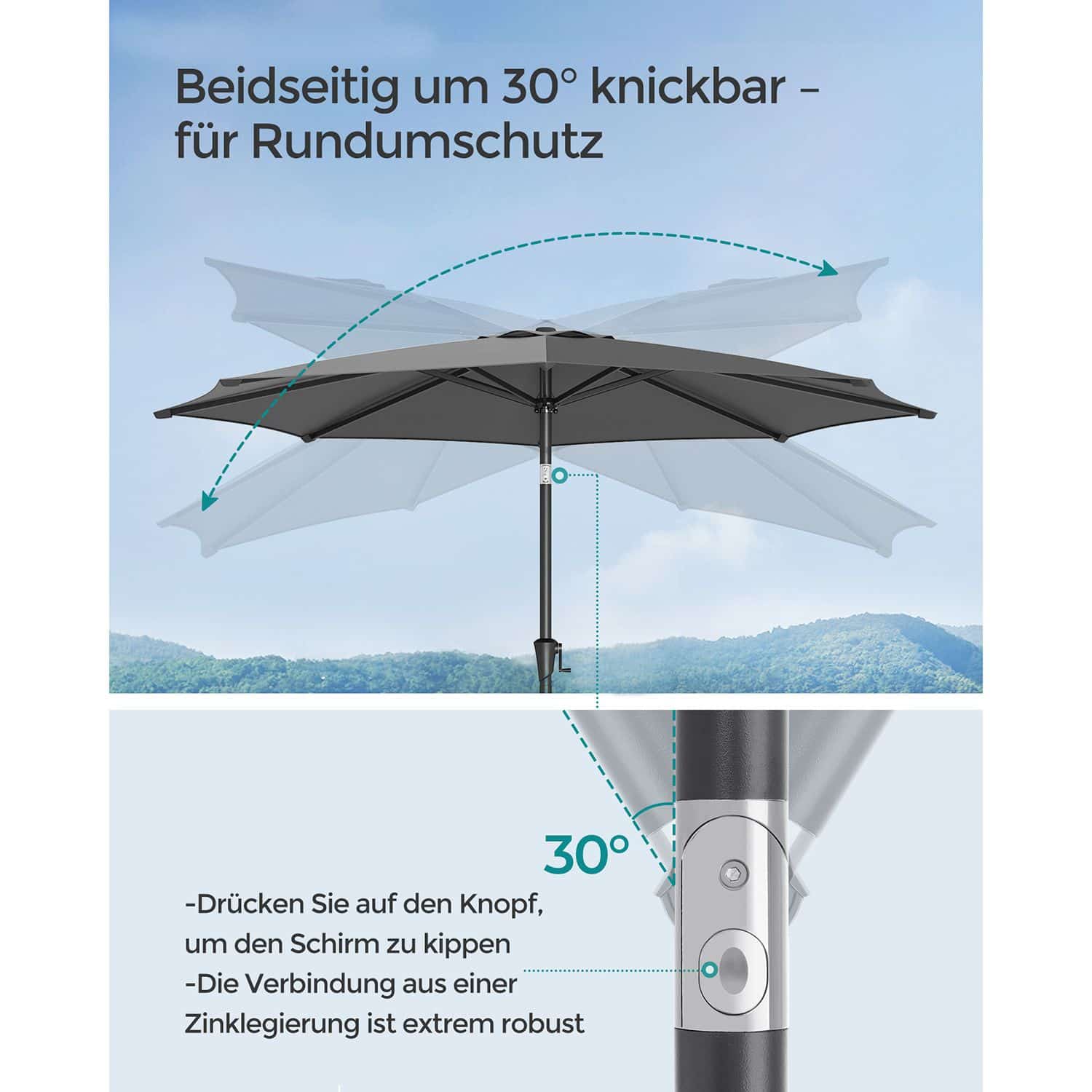 Sonnenschirm beidseitig um 30° knickbar grau Sonnenschirm beidseitig um 30° knickbar grau