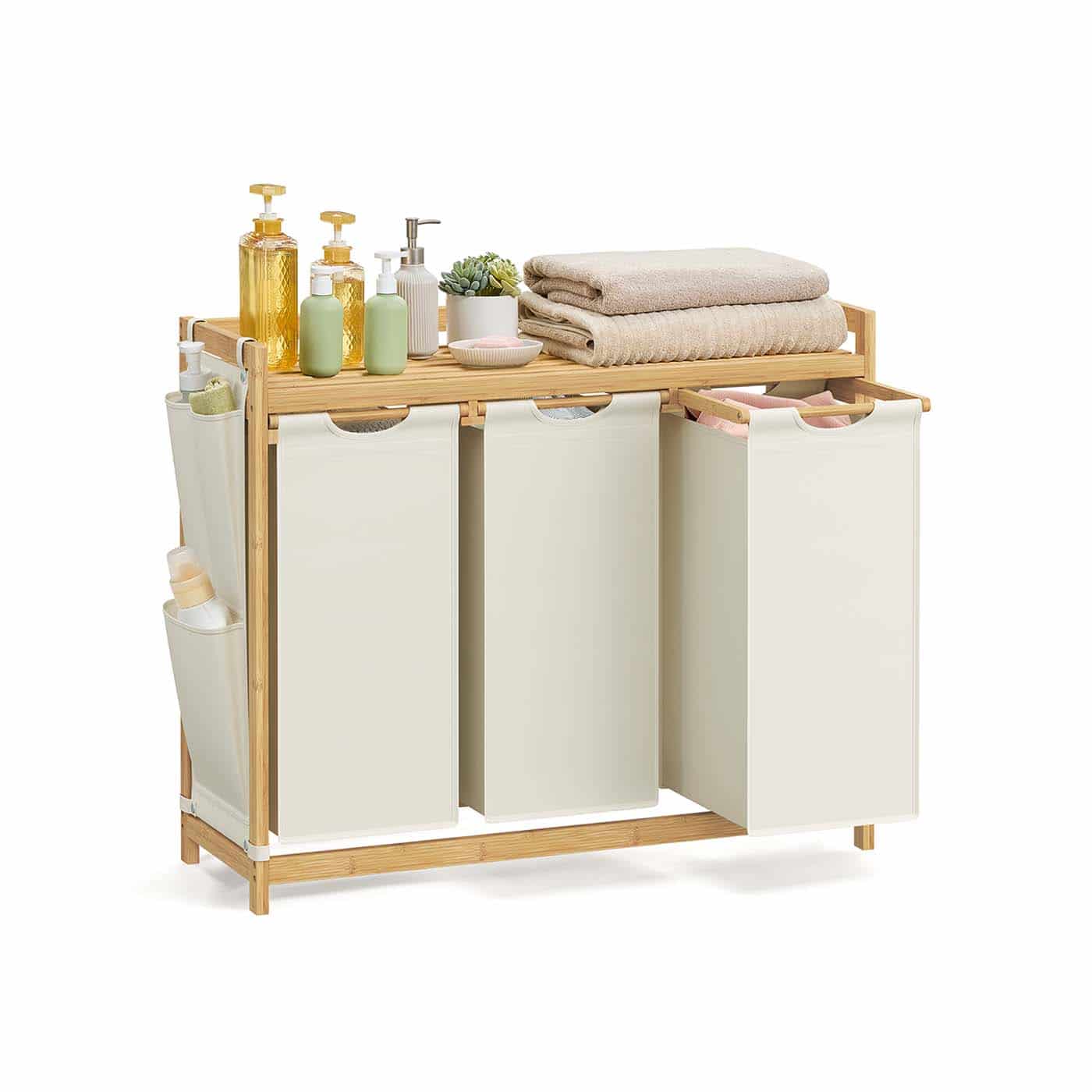 Wäschekorb 3 Fächer 3 x 50 L 94 x 33 x 78 cm cremeweiß Wäschekorb 3 Fächer 3 x 50 L 94 x 33 x 78 cm cremeweiß