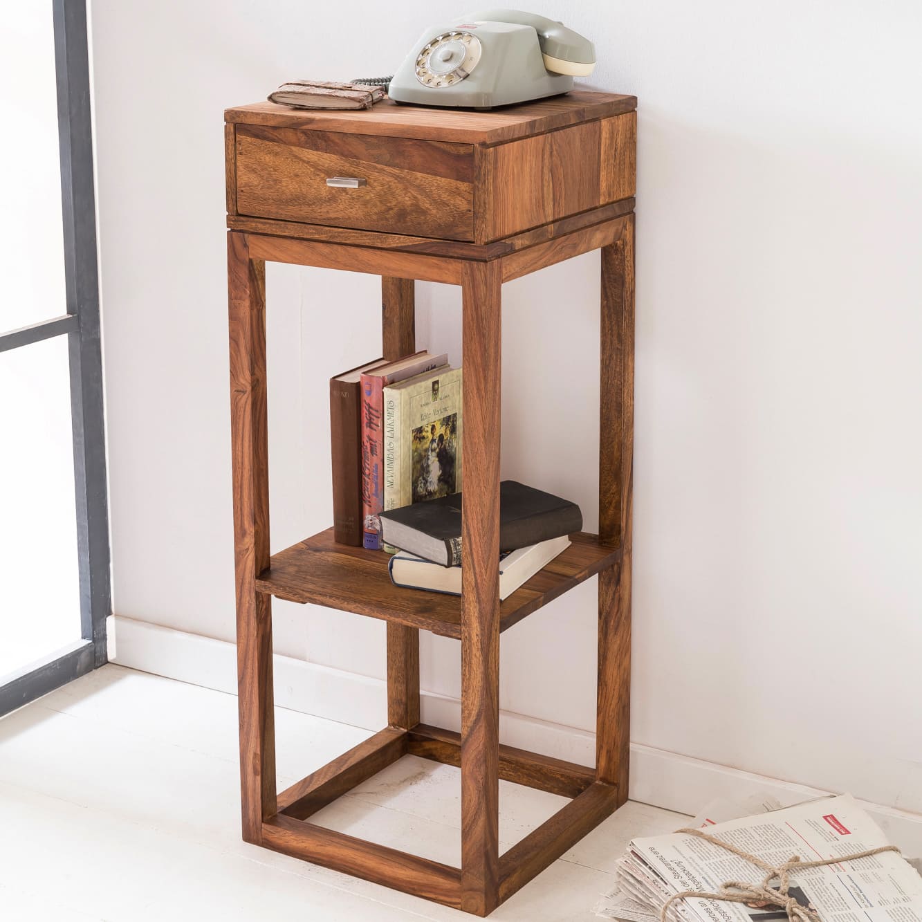 Beistelltisch MUMBAI Massivholz Sheesham Anstelltisch Telefontisch mit Schublade 35 x 35 x 90 cm Beistelltisch MUMBAI Massivholz Sheesham Anstelltisch Telefontisch mit Schublade 35 x 35 x 90 cm