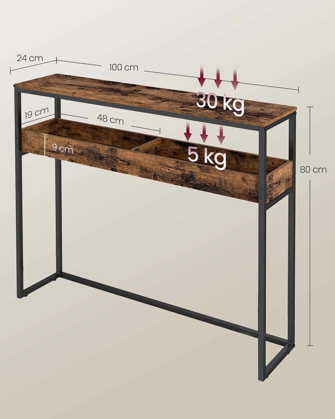 Schmaler Konsolentisch mit zwei Ebenen und halboffenen Fächern Schmaler Konsolentisch mit zwei Ebenen und halboffenen Fächern
