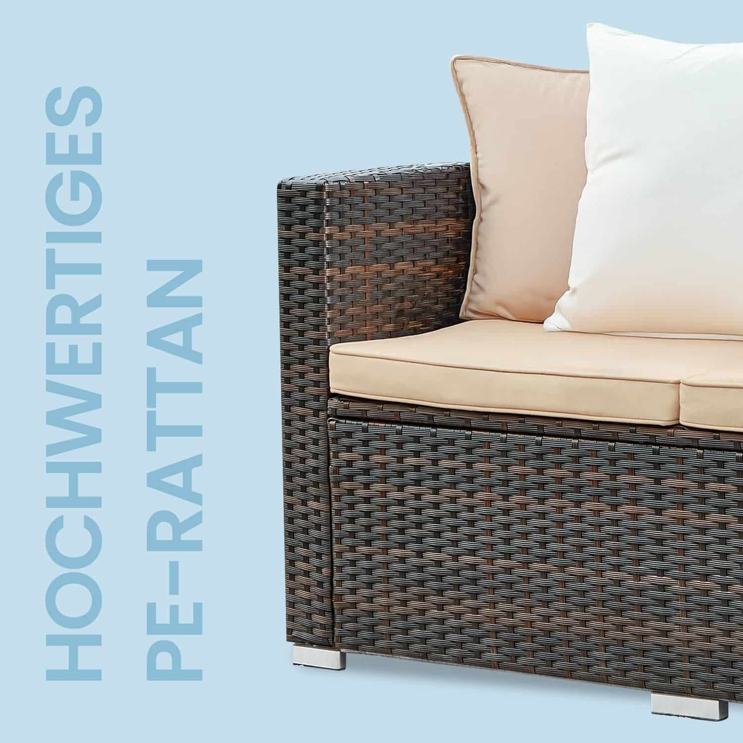 Gartenmöbel-Set, Terrassenmöbel aus PE-Polyrattan, Balkonmöbel mit Kissen und Glastisch