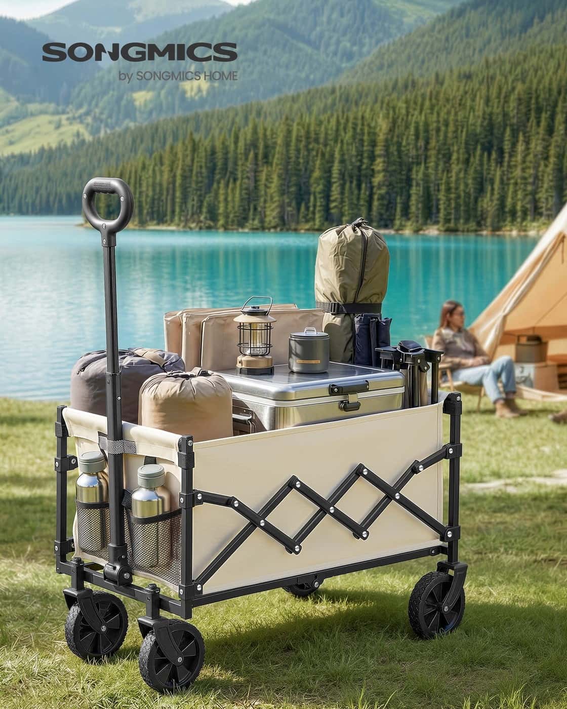 Kleiner Handwagen faltbar mit 4 verstärkten Rollen und Griff Sandbeige