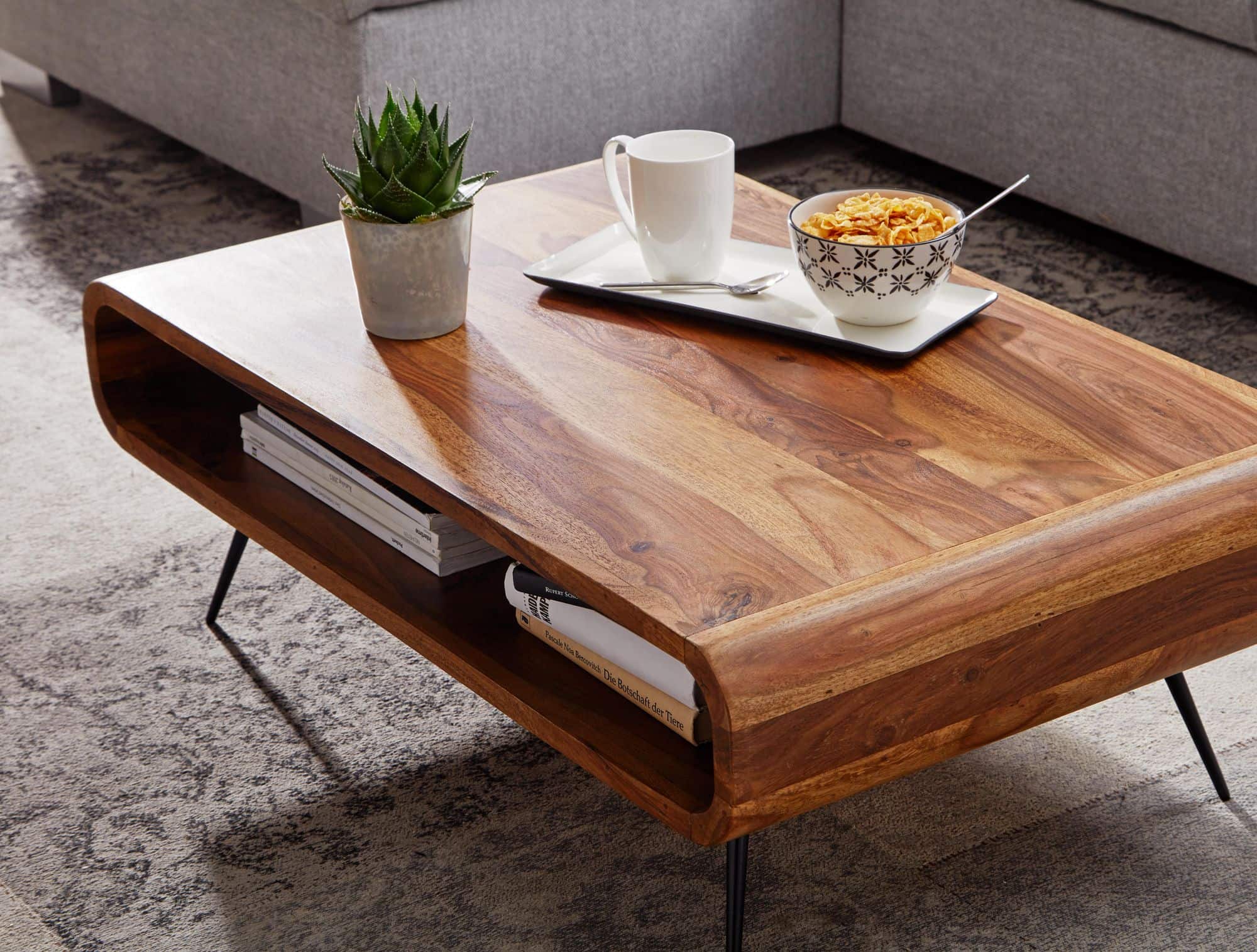 Couchtisch 90x55x30 cm Sheesham Massivholz / Metall Sofatisch Eckig