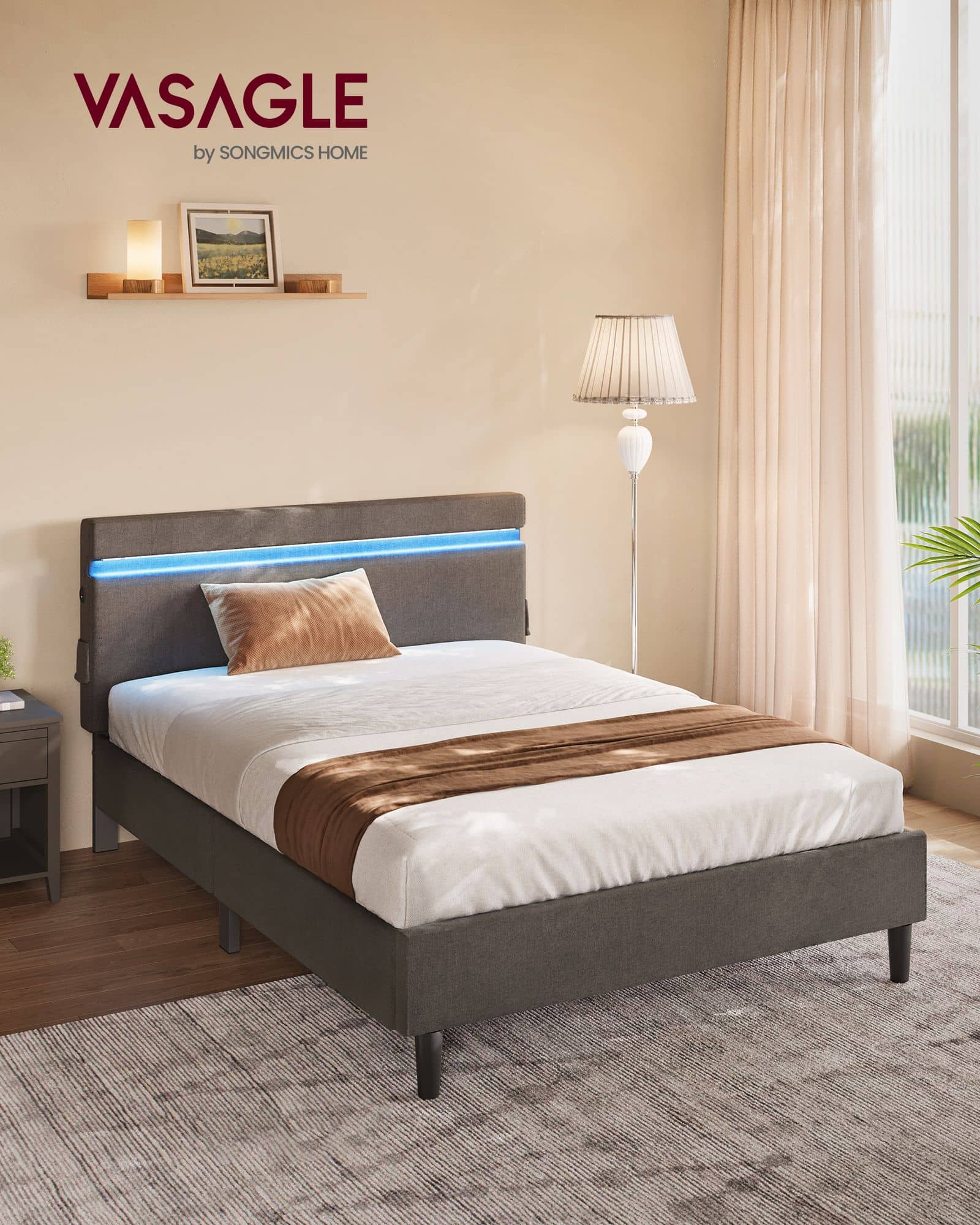 Doppelbett aus Metall 140 x 200 cm LED-Beleuchtung dunkelgrau Doppelbett aus Metall 140 x 200 cm LED-Beleuchtung dunkelgrau