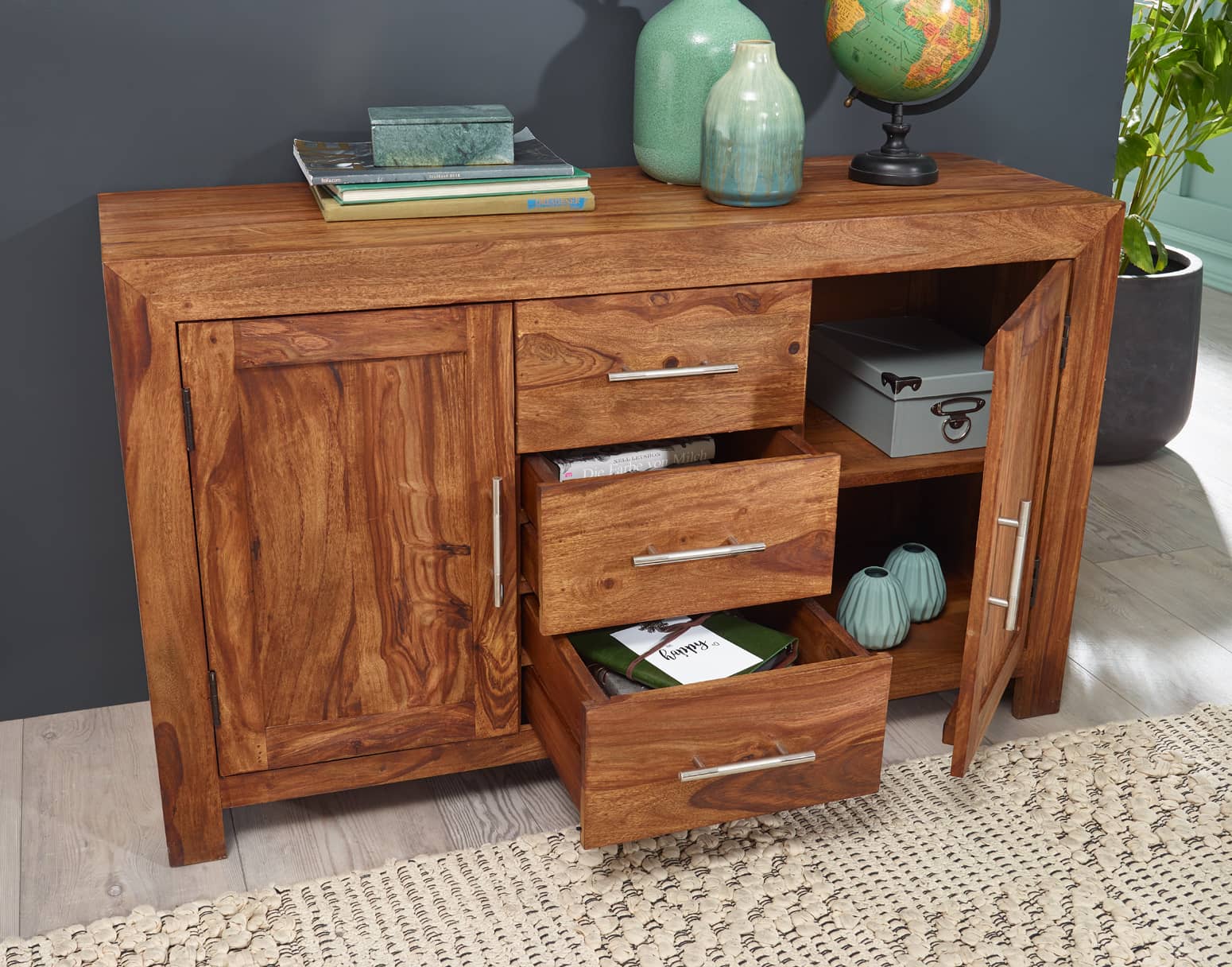 31302-WOHNLING-Sideboard-MUMBAI-Massivholz-Sheesh_36U7wRJPyRV20z Sideboard Massivholz Sheesham Kommode 118 cm 3 Schubladen 2 Türen Design Highboard Landhaus-Stil braun natur