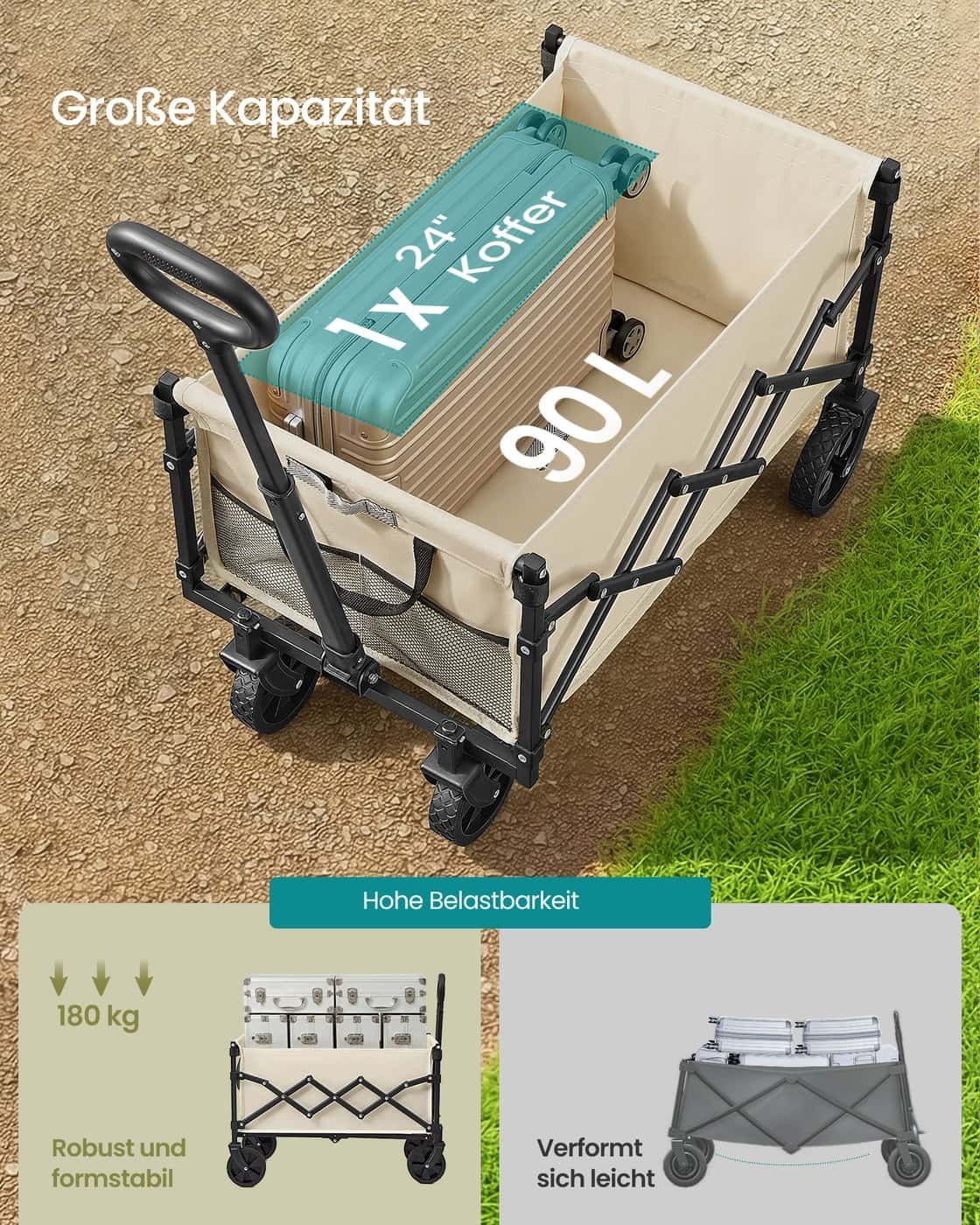 Kleiner Handwagen faltbar mit 4 verstärkten Rollen und Griff Sandbeige
