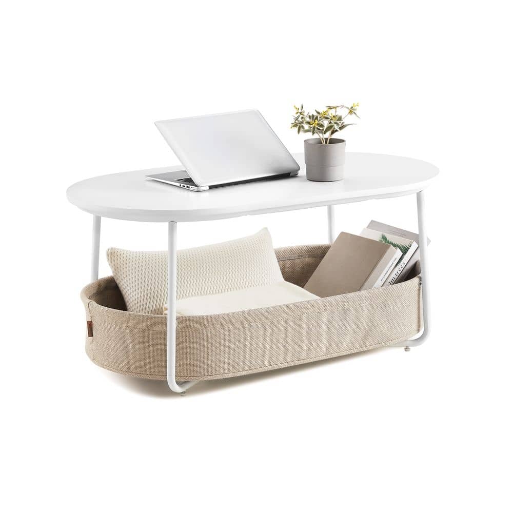 Couchtisch oval mit Stauraum und Stoffkorb Mattweiß-Kamelbraun Couchtisch oval mit Stauraum und Stoffkorb Mattweiß-Kamelbraun