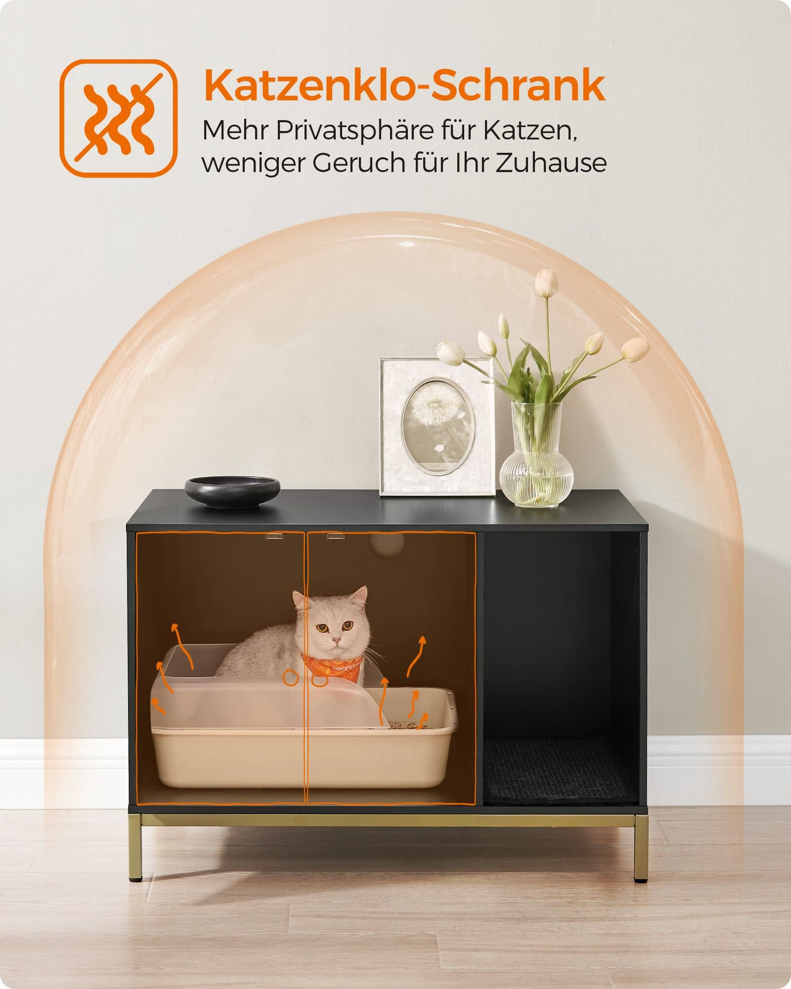 Katzenklo-Schrank mit Kratzmatte und Beinen goldfarben Katzenklo-Schrank mit Kratzmatte und Beinen goldfarben
