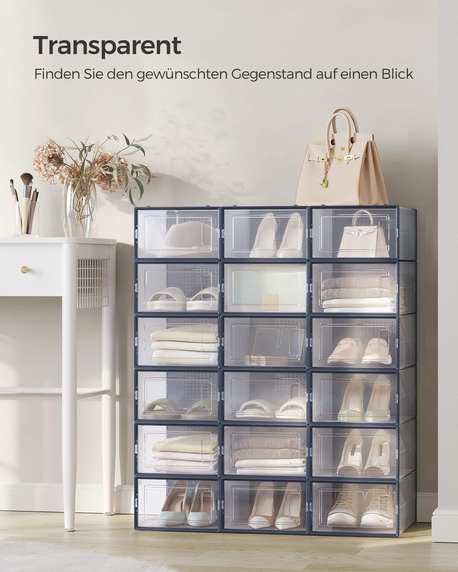 Schuhboxen 18er Set faltbar und stapelbar transparent-anthrazitblau