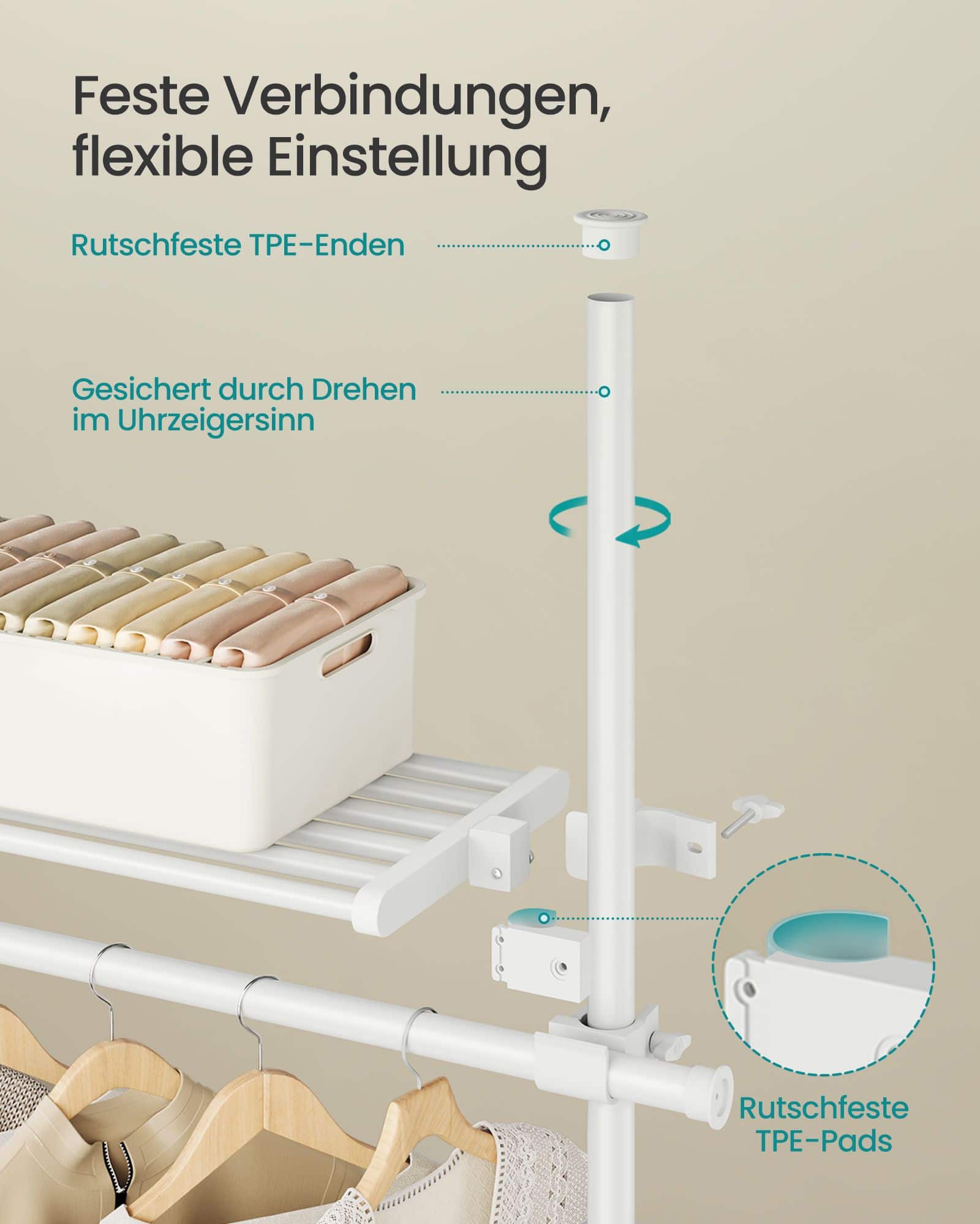 Teleskop-Kleiderstangen mit 4 Stangen und 2 Ablagen mattweiß