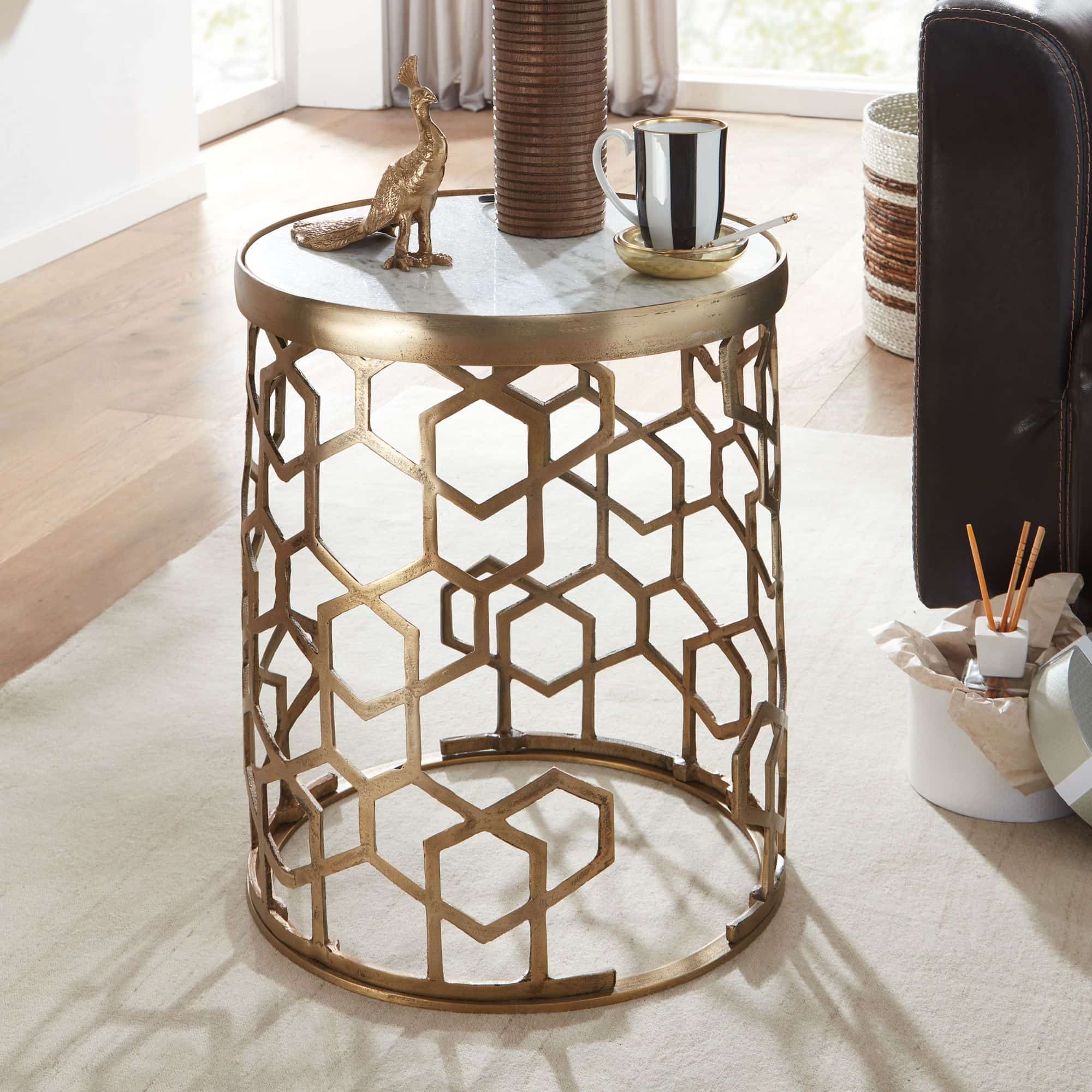 72550-Wohnling-Beistelltisch-46x46x55-cm-Marmor-WL6-629-2 Beistelltisch Echter Marmor Weiß 46x46x55 cm Anstelltisch Metall Gold