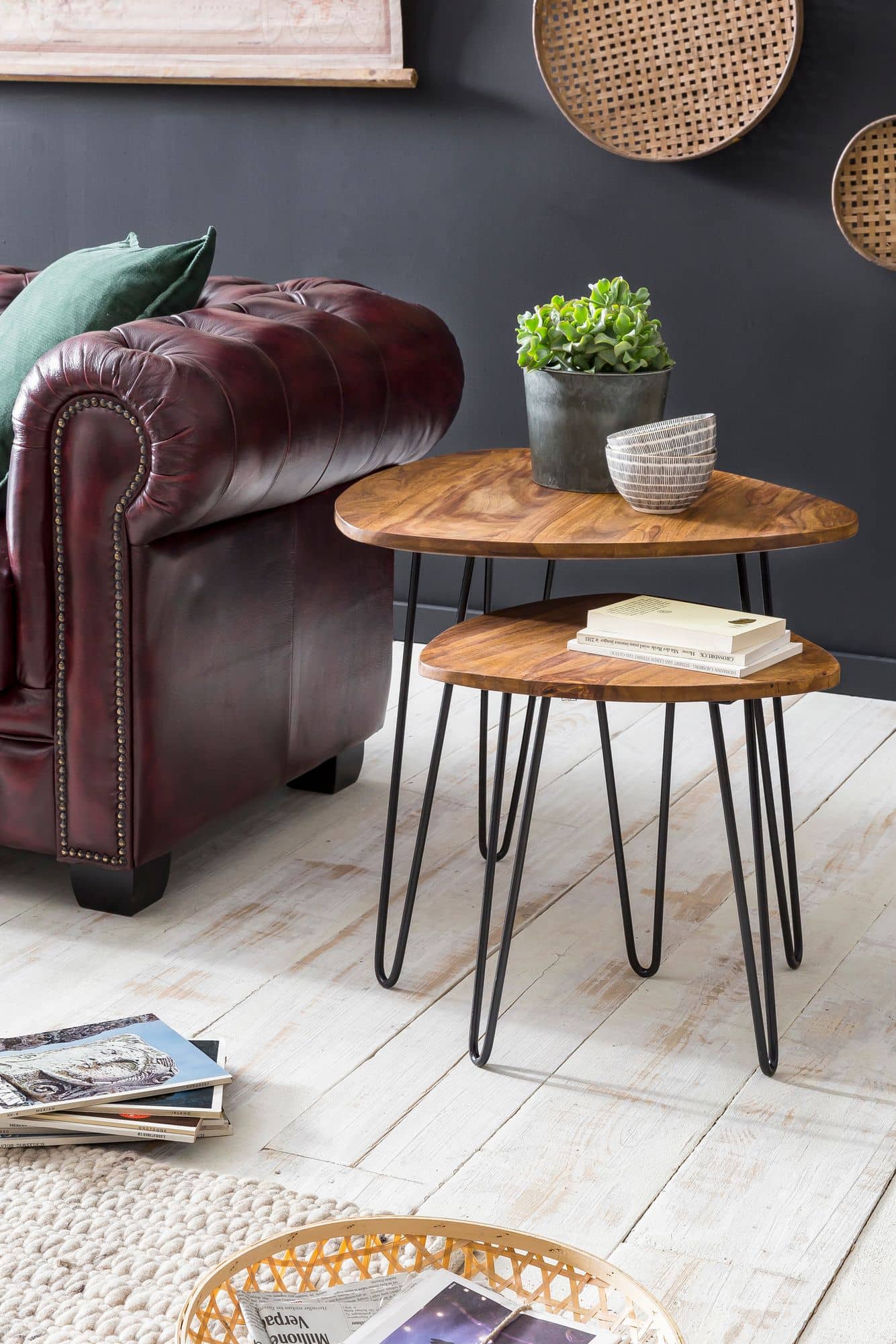 Design Satztisch WL5.659 Sheesham Metall Beistelltisch 2er Set Klein Design Satztisch WL5.659 Sheesham Metall Beistelltisch 2er Set Klein