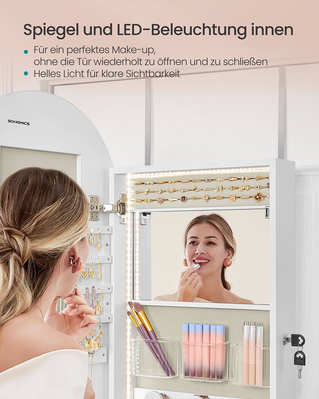 Schmuckschrank mit LED-Beleuchtung und Innenspiegel wolkenweiß Schmuckschrank mit LED-Beleuchtung und Innenspiegel wolkenweiß