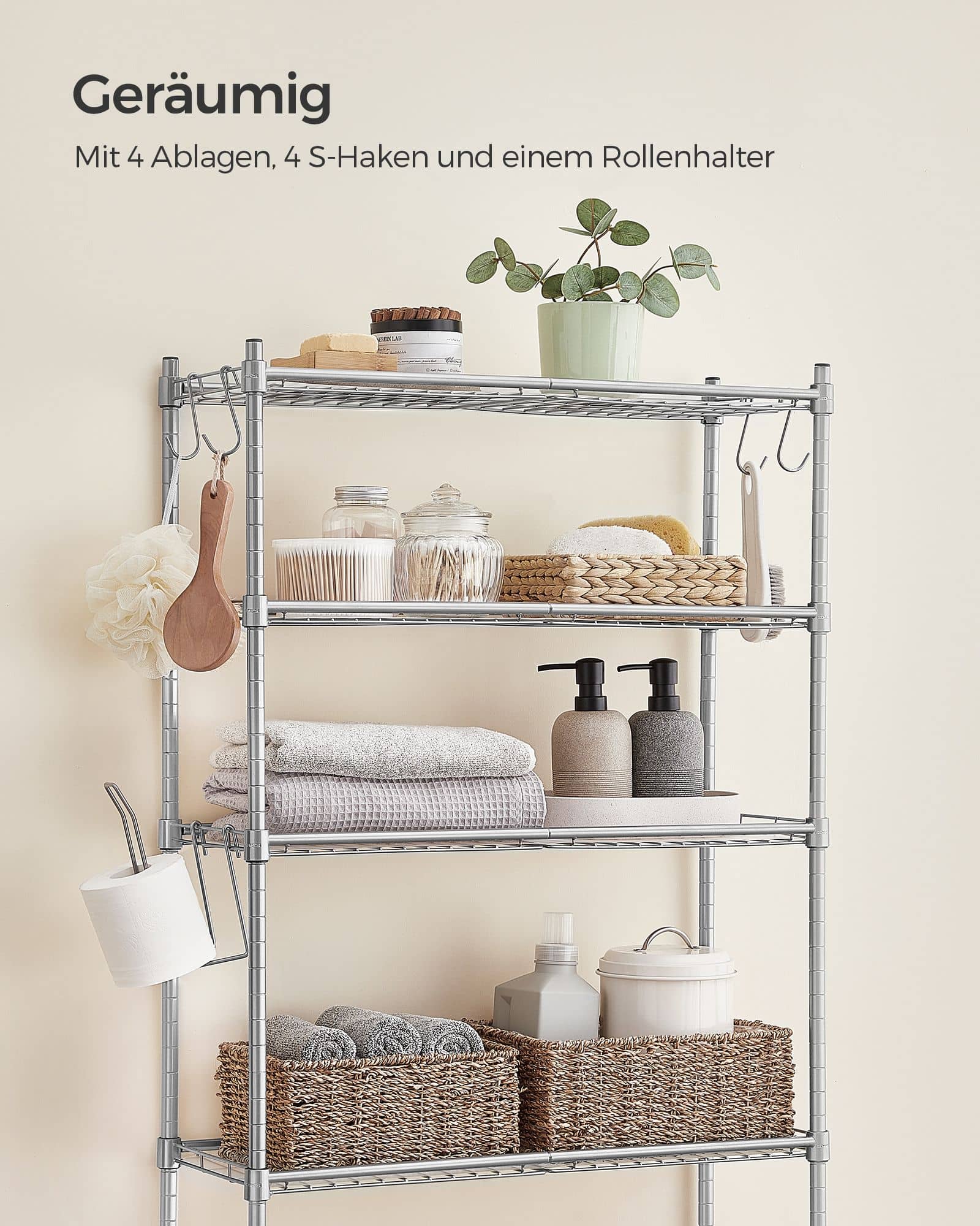 4-stöckiges Toilettenregal mit Ablagen Haken taubengrau 4-stöckiges Toilettenregal mit Ablagen Haken taubengrau